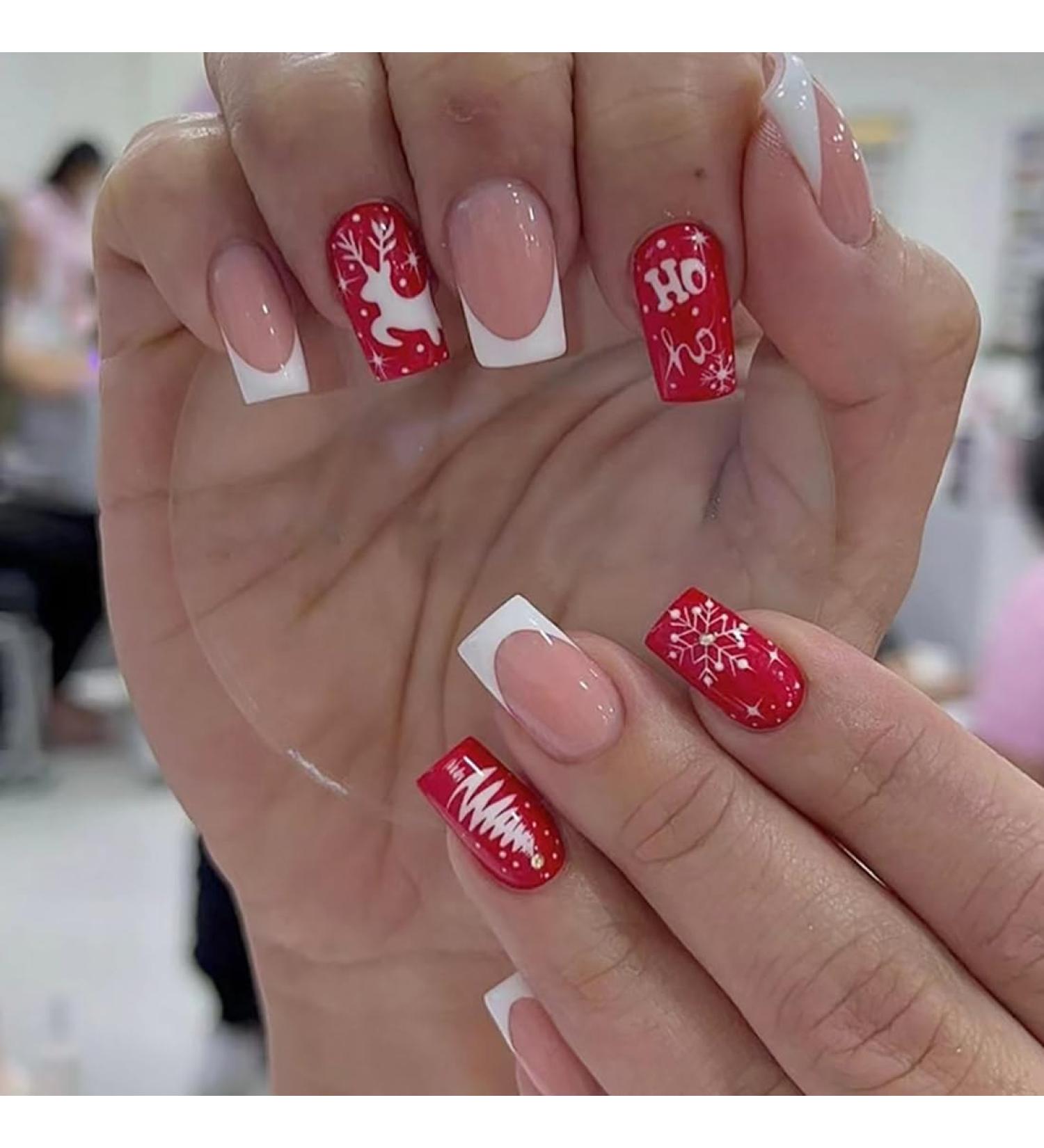 SINLOV Christmas Snowflakes Square False Nails French Gradient ElknFake Nails Red Press on Nails Ballerina Acrylic Full Cover Fake Nails for Women and Girls - Buy Online on GoSupps.com