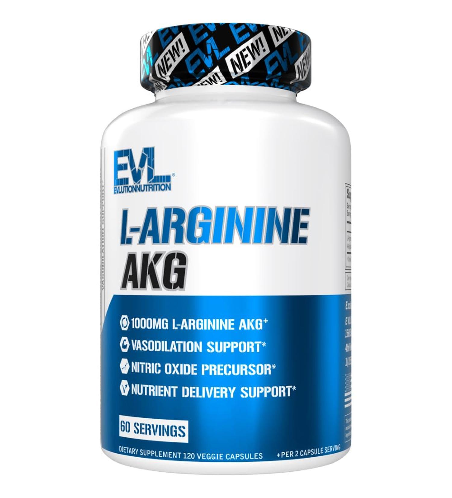 Evlution L-Arginine AKG - Vasodilation & Nutrient Delivery Support - Nitric Oxide Precursor - 1000mg L-Arginine AKG - Gluten Free & Non-GMO - Dietary Supplement - 60 Servings - 120 Veggie Capsules - Buy Online on GoSupps.com