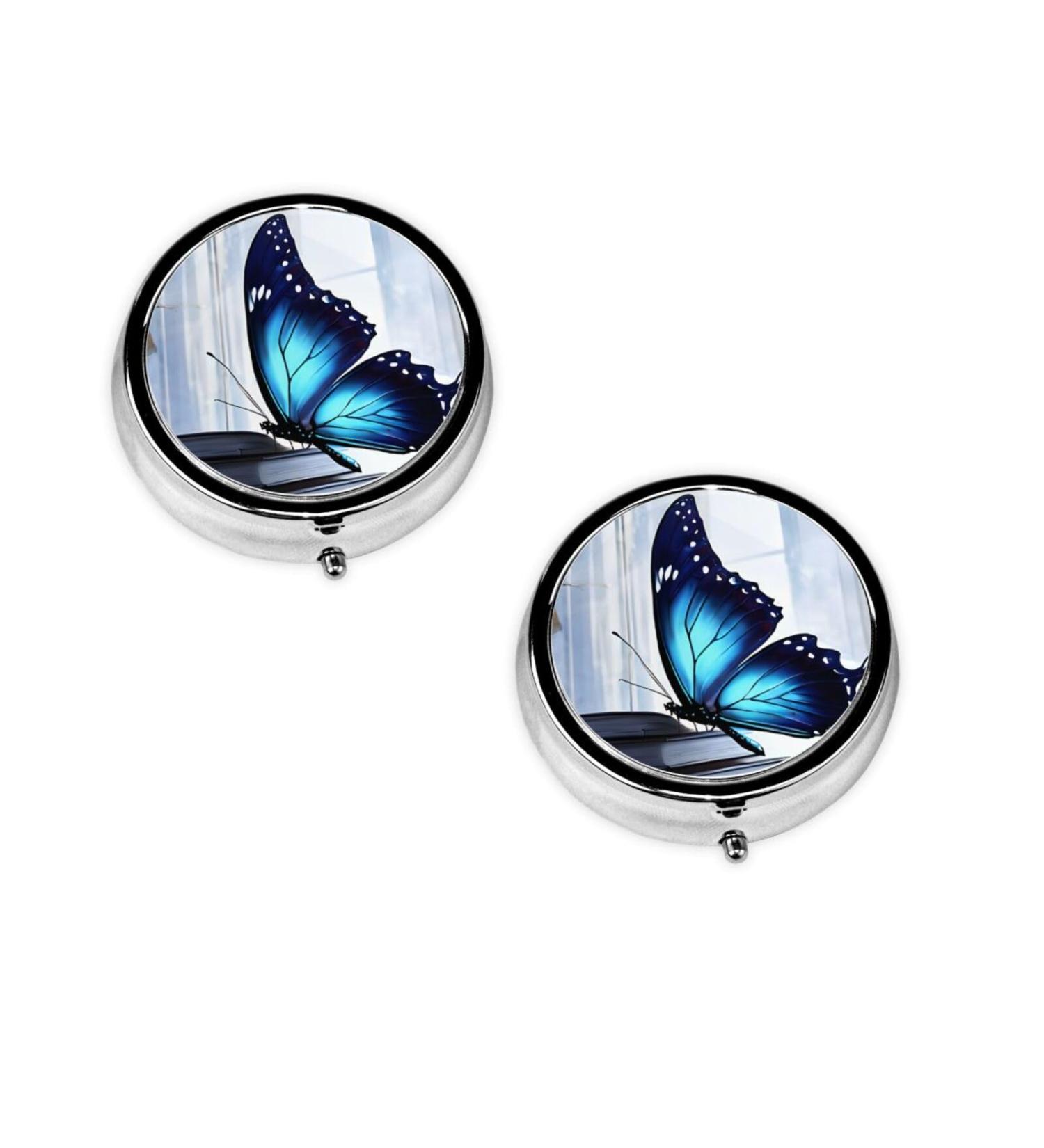 Blue Butterfly Mini Round Pill Box | 3 Compartment Medicine Organizer for Travel & Home Use - Buy Online on GoSupps.com