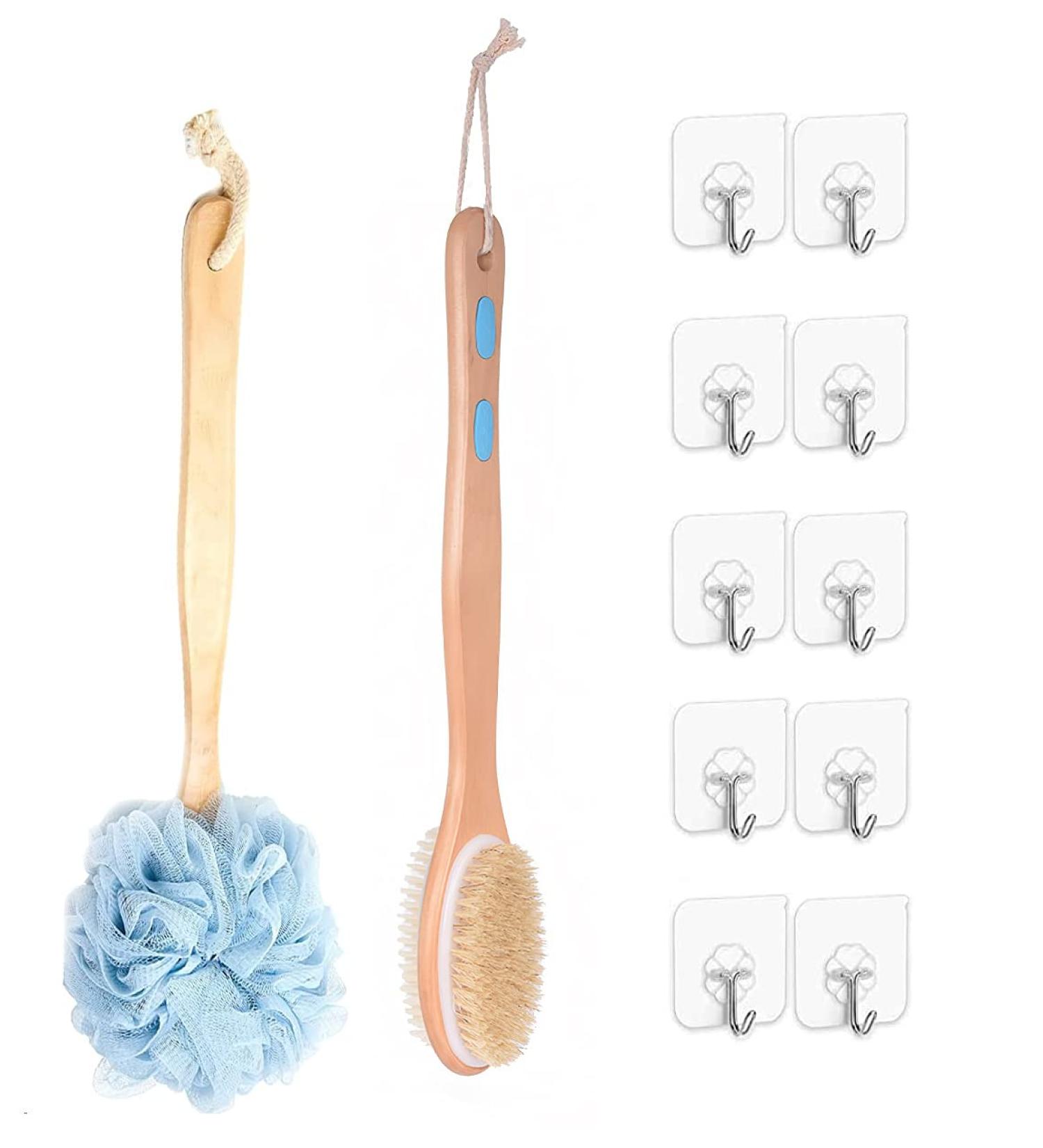Double Sided Exfoliating Shower Body Brush with Long Handle - Back Scrubber & Bath Sponge for Deep Cleaning - Ideal for Men and Women - Includes 10 Hanging Hooks - Shower Accessories - Buy Online on GoSupps.com