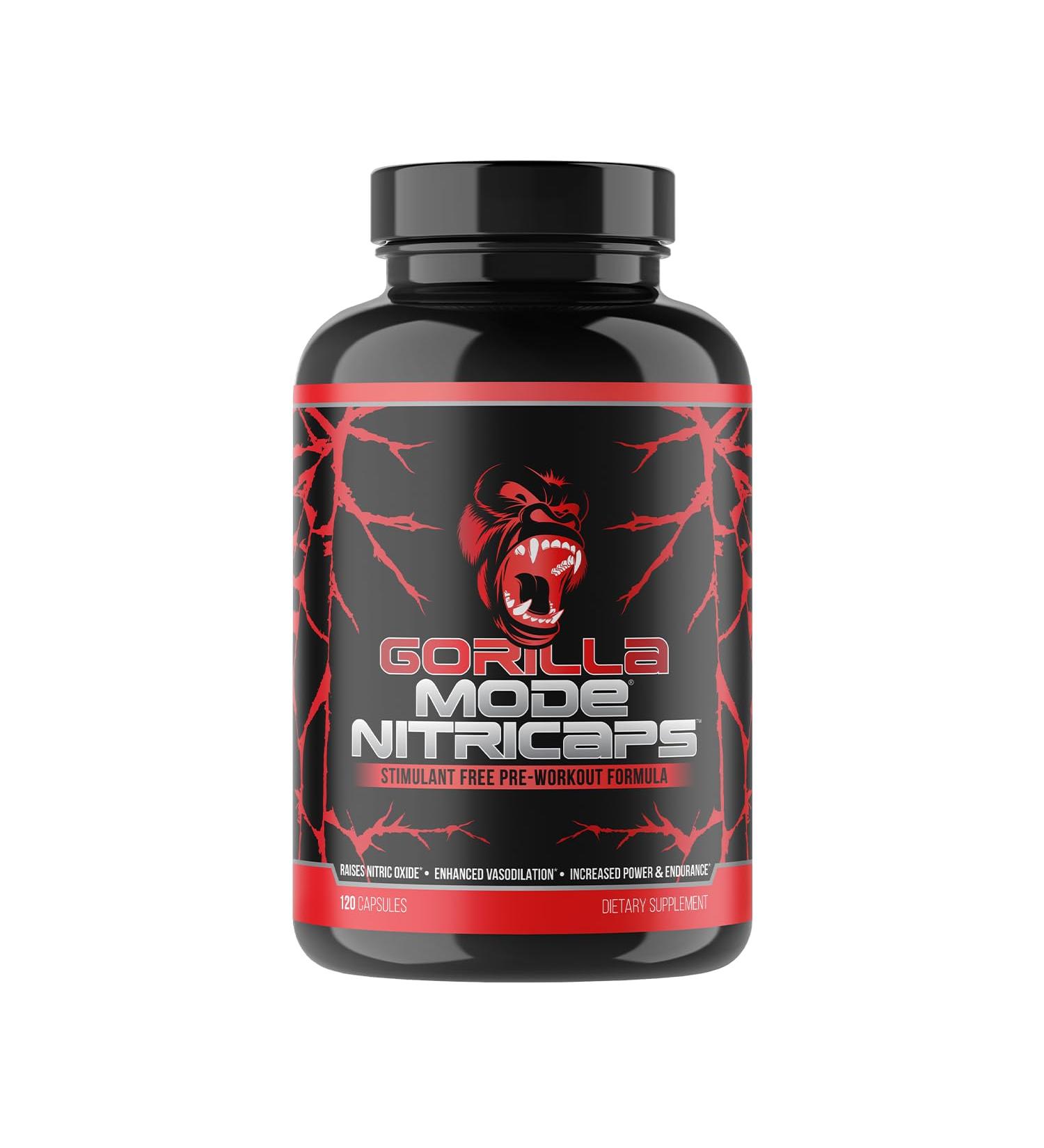 Gorilla Mode Nitricaps - Stimulant Free Pre-Workout Capsules - Massive Pumps Vasodilation Performance - Nitrosigine Agmatine Sulfate VasoDrive-AP Electrolytes / 120 Capsules - Buy Online on GoSupps.com