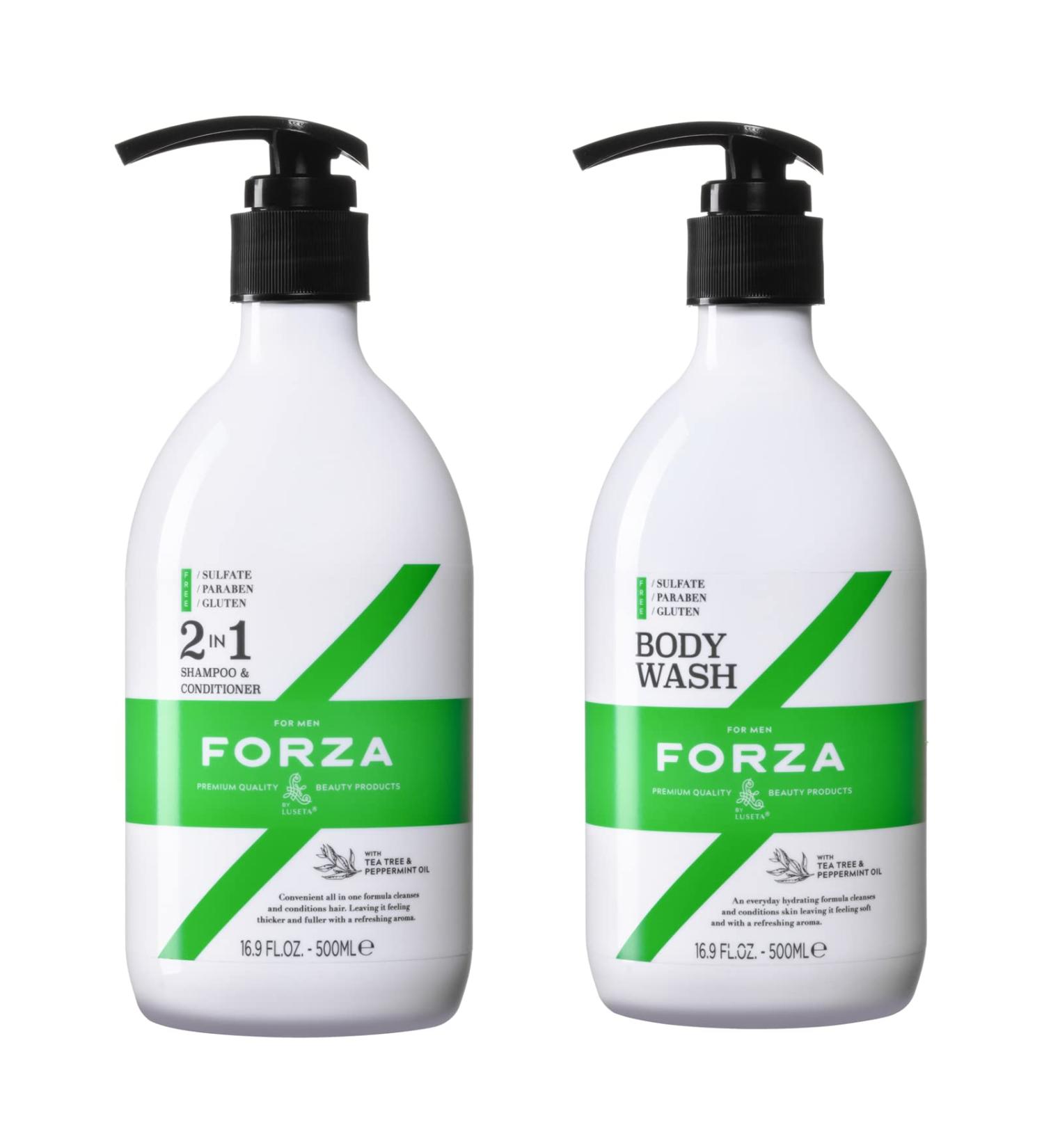 Forza 2 in 1 Shampoo and Conditioner + Body Wash for Men 16.9Oz (Pack of 2) - Tea Tree & Peppermint Oil Infused, All Hair Types, Reduces Irritation - 33.8 Ounce - Buy Online on GoSupps.com