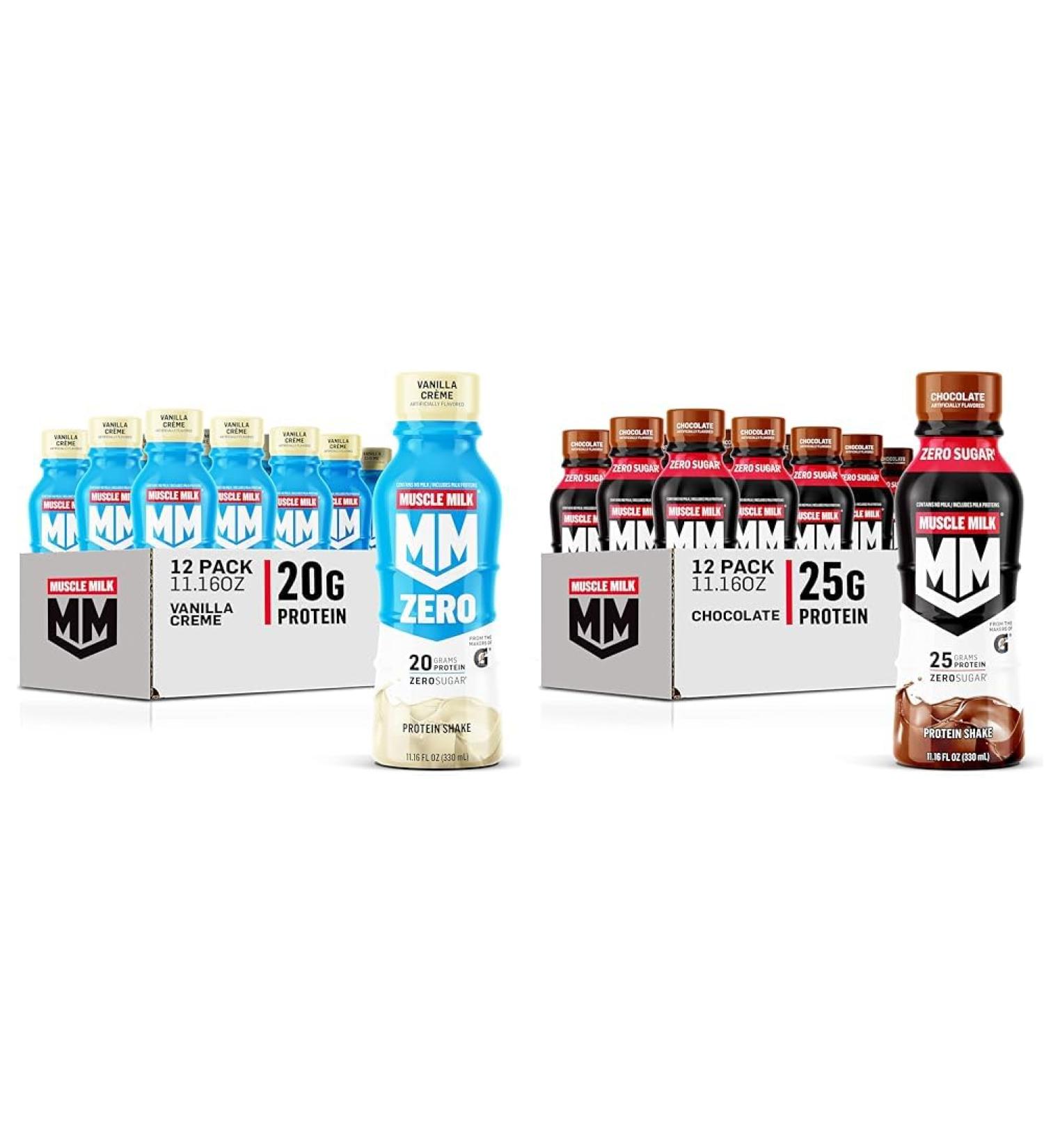 Muscle Milk Zero Protein Shake Vanilla Cr me 20g Protein Zero Sugar 100 Calories Calcium & Genuine Protein Shake Chocolate 25g Protein 11.16 Fl Oz (Pack of 12)