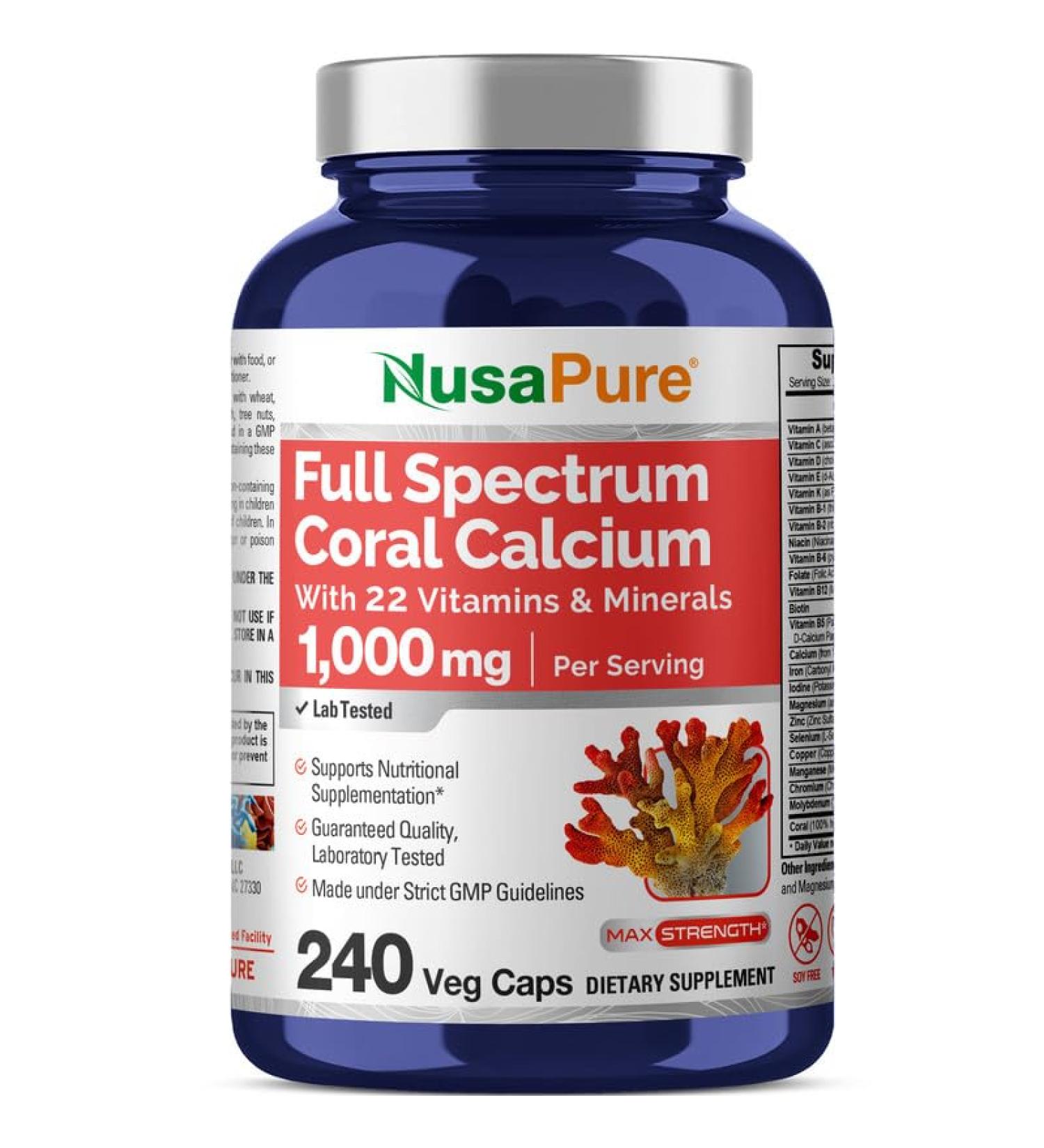 NusaPure Coral Calcium with 22 Vitamins & Minerals Non- GMO - 1000 mg - 240 Caps 240 Count (Pack of 1) 2 Serving Per Day - Buy Online on GoSupps.com