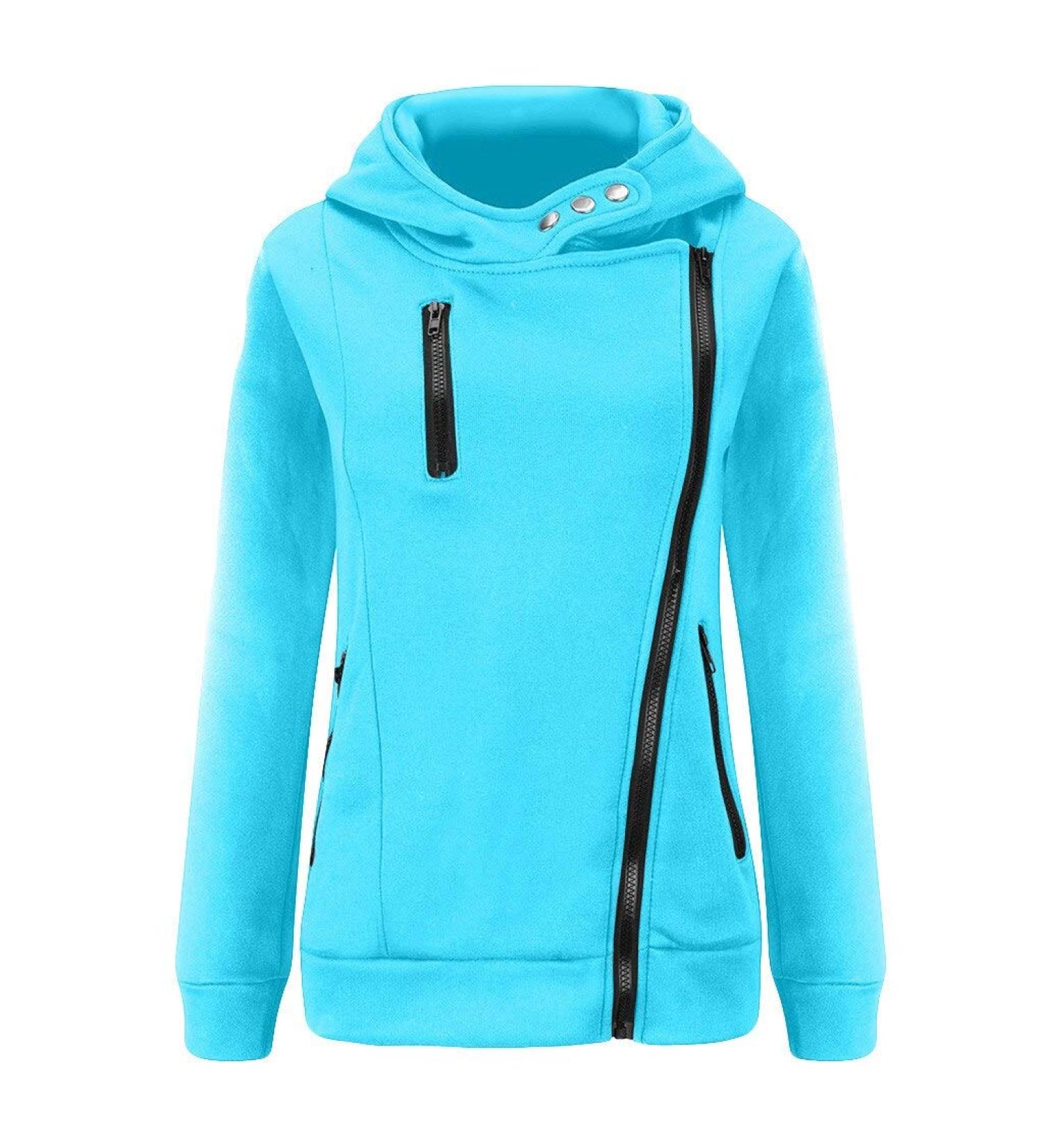 Bigfanshu Women's Sweatshirts Casual Zipper Patchwork Hooded Autumn Winter Warm Long Sleeve Loose Pullover Blue