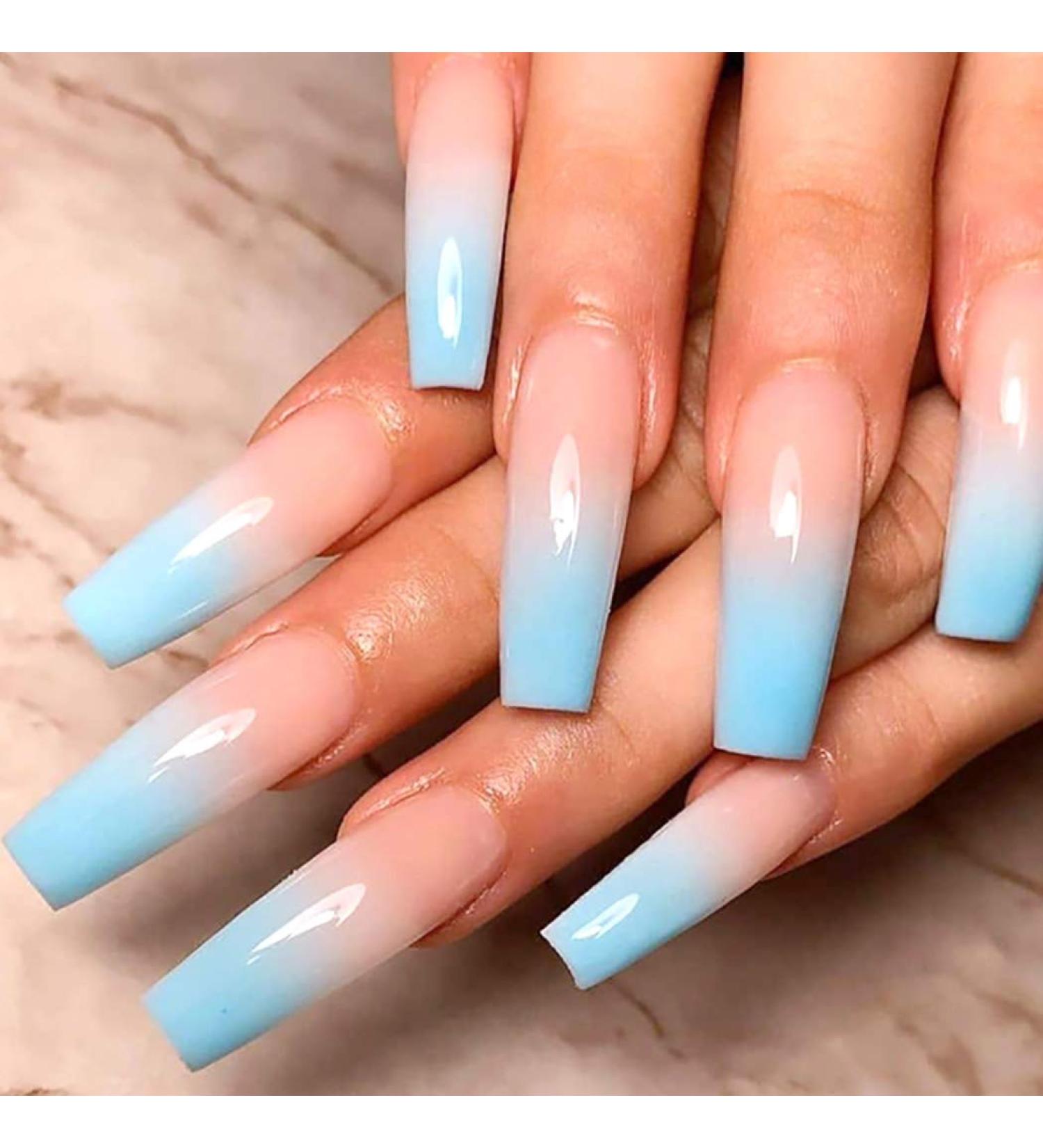 Zoestar Extra Long Blue Gradient Coffin False Nails - Shiny Acrylic Full Cover Press-On Nails for Women & Girls (24 Pieces) - International Shipping Available - Buy Online on GoSupps.com