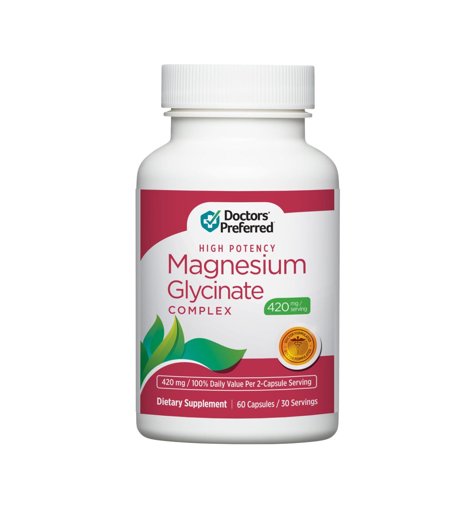DOCTORS' PREFERRED High Potency Magnesium Glycinate Complex- Doctor-Developed Formula for Heart Health Mood Support and More | 420 mg per Serving | 30-Day Supply 60 Count (Pack of 1) - Buy Online on GoSupps.com