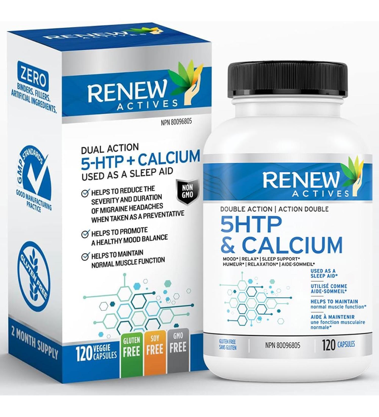 Renew Actives 5-HTP & Calcium Supplement - Sleep Aid - Promote Mood Balance - Source of Electrolyte - Help with Bone & Muscle - 120 Capsules 1 count (Pack of 1) - Buy Online on GoSupps.com