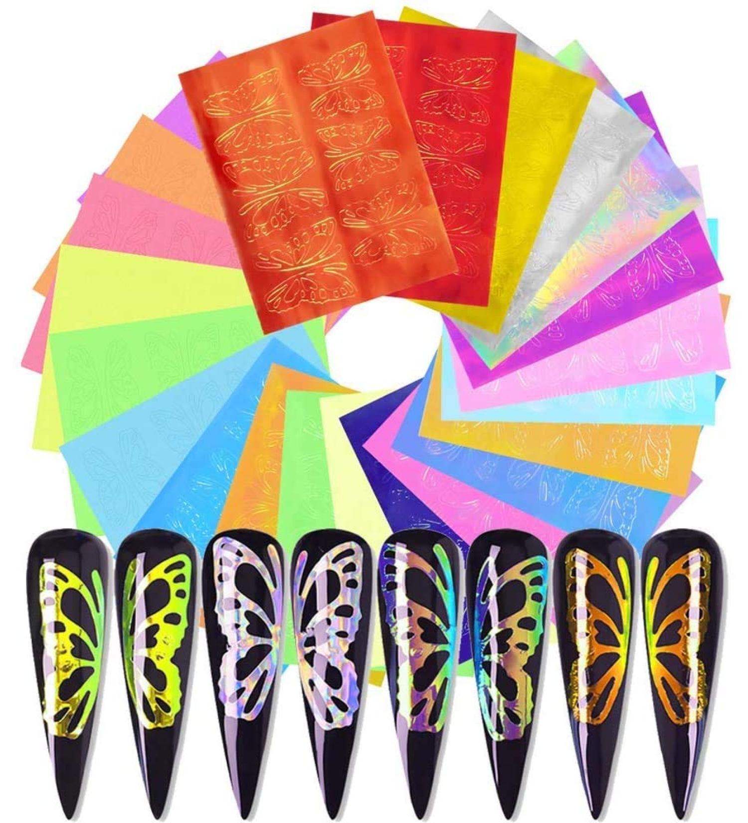 Butterfly Reflections Nail Stickers - 16 Sheets Holographic Butterfly Wings Nail Art Decals 3D Vinyls Nail Stencil for Nails Manicure Tape Adhesive Foils DIY Decoration - Buy Online on GoSupps.com