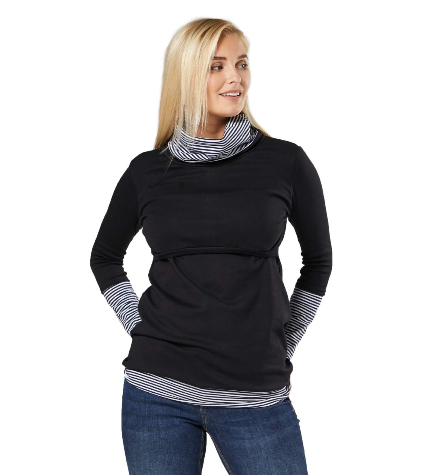 Happy Mama Maternity Nursing Jumper Sweatshirt 348 Black Navy Stripes - Size 10-12 - Buy Online on GoSupps.com