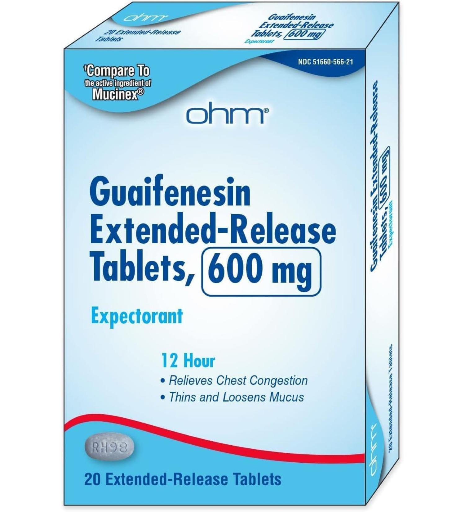 Ohm Mucus Relief 600 mg Extended-Release Tablets 12-Hour Chest Congestion Relief with Guaifenesin 20 Count | Powerful Long-Lasting Mucus & Cough Release Formula