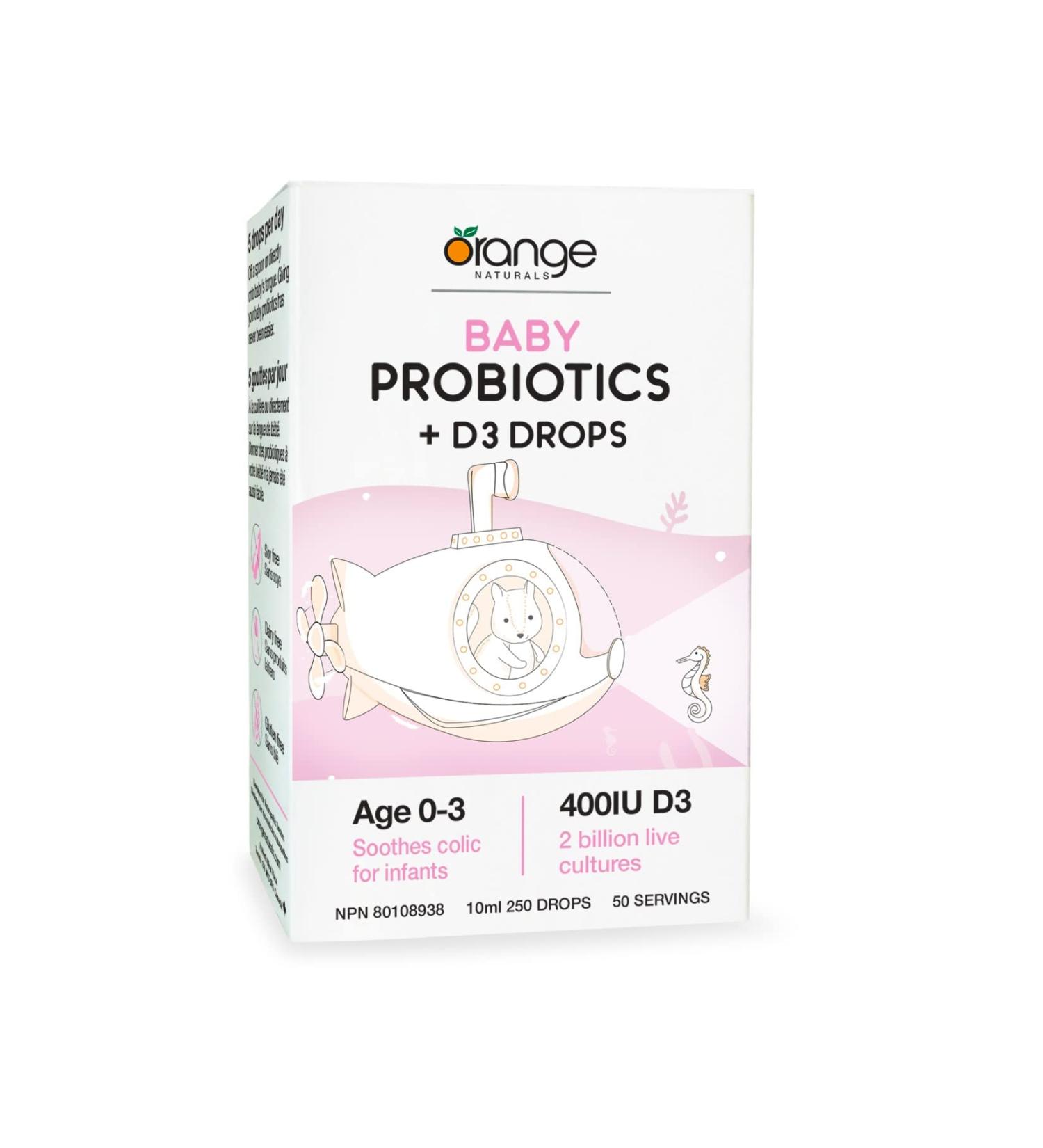 Orange Naturals - Baby Probiotics + D3 Drops - Upset Stomach Relief Bone and Baby Teeth Health 400IU D3 10 ml (Pack of 1) - Buy Online on GoSupps.com