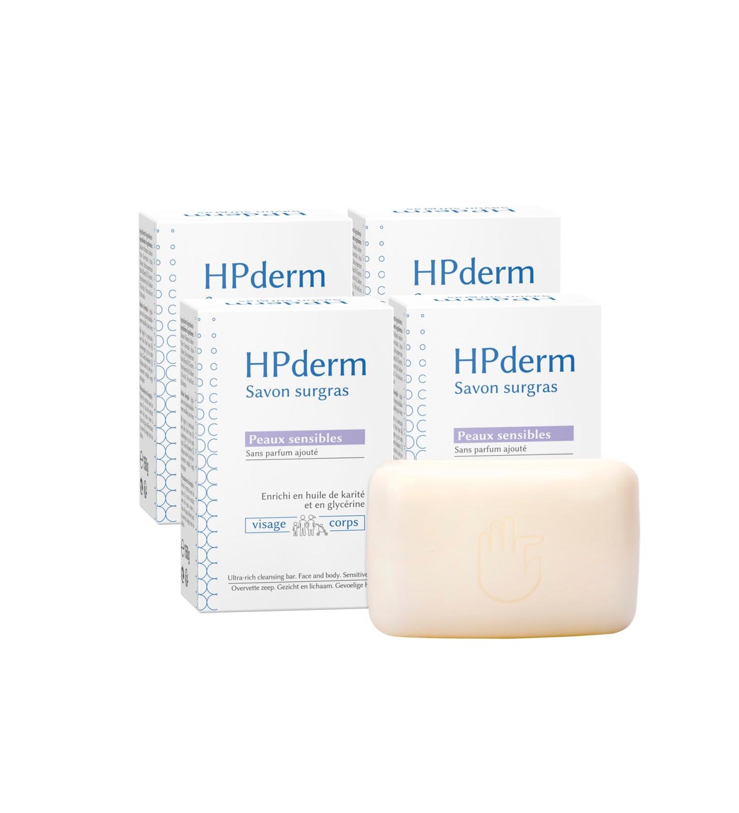  SORIFA Pack of 4 - HPderm Extra-Rich Soap Sensitive Skin 99.95% Natural Ingredients Enriched with Shea Oil and Glycerin Suitable for the whole family including babies pH neutral fragrance-free 150g bar - Buy Online on GoSupps.com