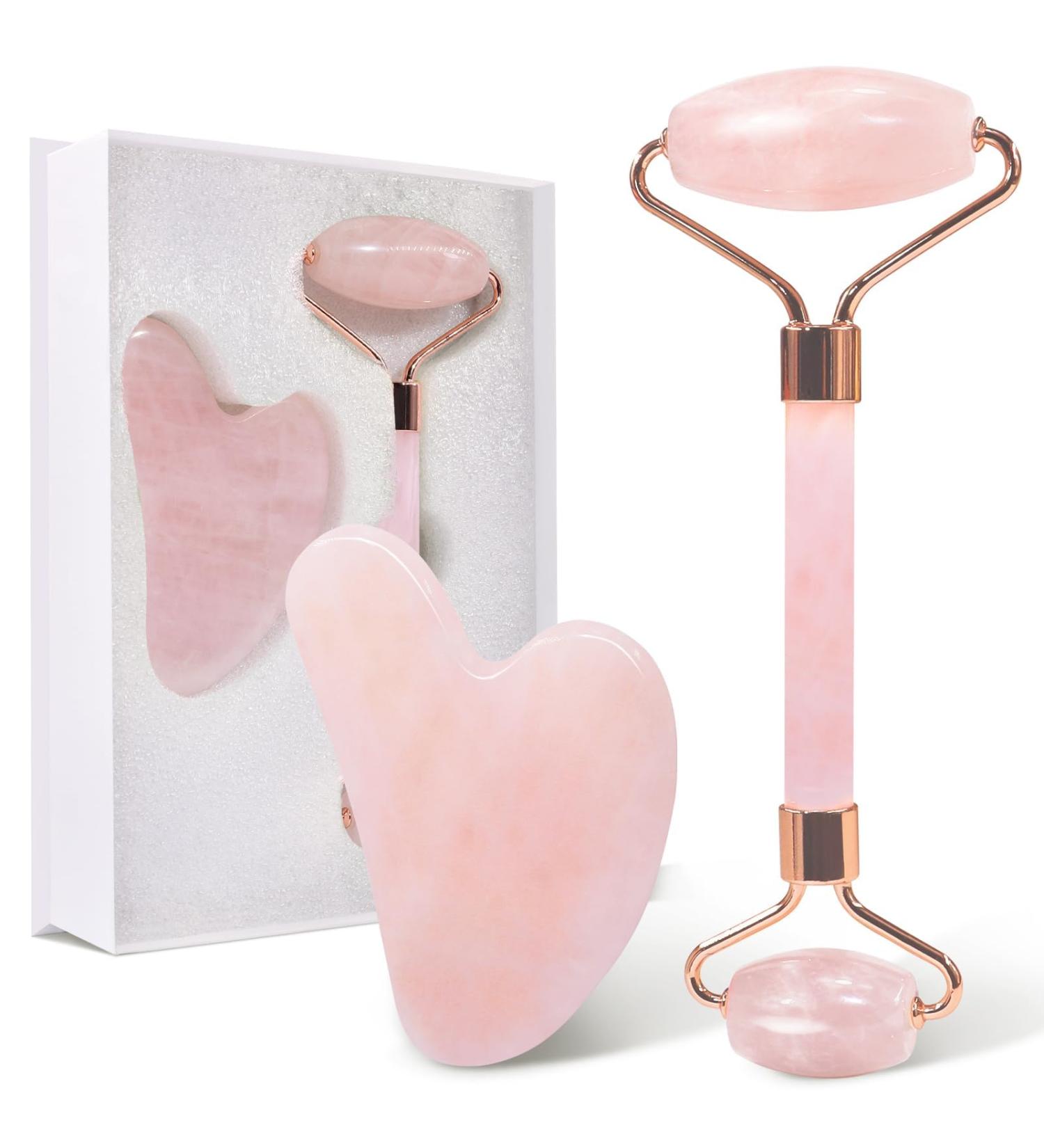 Buy GUGUG Rose Quartz Gua Sha Set & Jade Roller for Facial Massage | Reduce Eye Puffiness & Tighten Skin - Buy Online on GoSupps.com