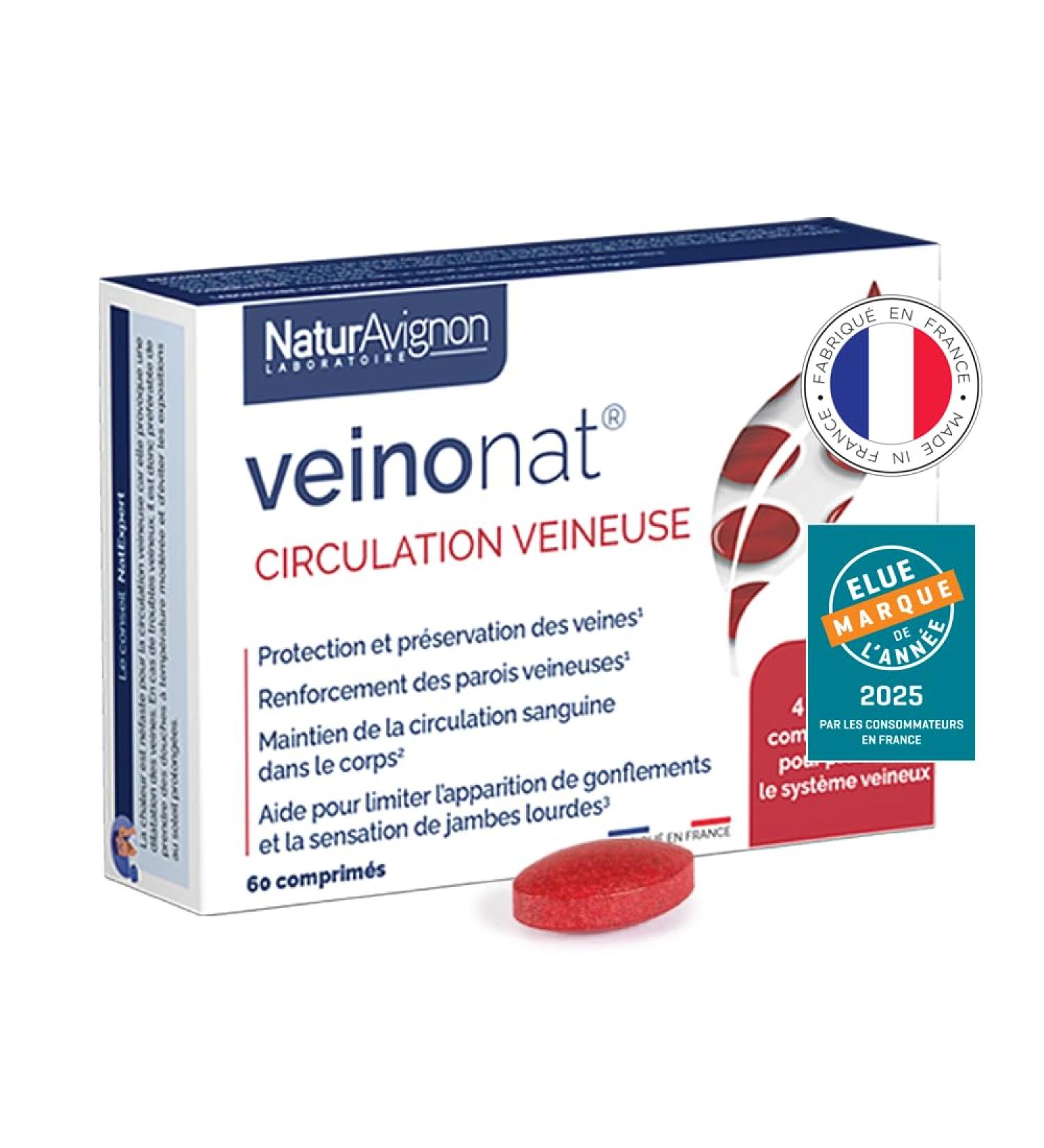 Laboratoire NaturAvignon Veinonat Tablets | Venous Circulation & Heavy Legs | Horse Chestnut + Grape Seed + Fragon + Melilot | Active Proven Effectiveness | 60 Tablets (30 Days) - Buy Online on GoSupps.com