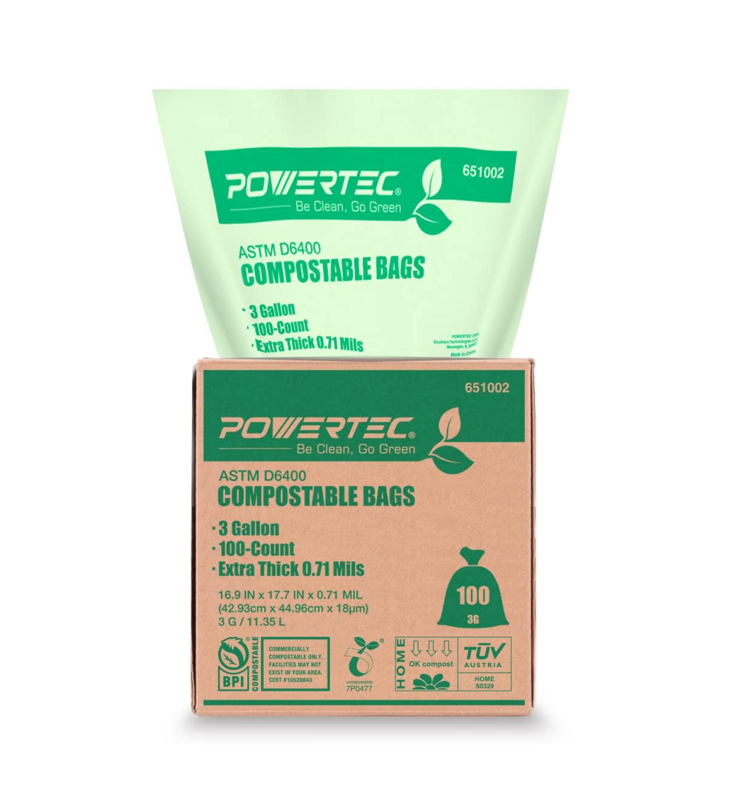 POWERTEC Compostable Bags 100 Count | 11.35 Liter - 3 Gallon Trash Bags | ASTM D6400 Certified | 0.71 Mil Thickness | US BPI & European OK Compost Home Certified | Eco-Friendly Green Products - Buy Online on GoSupps.com