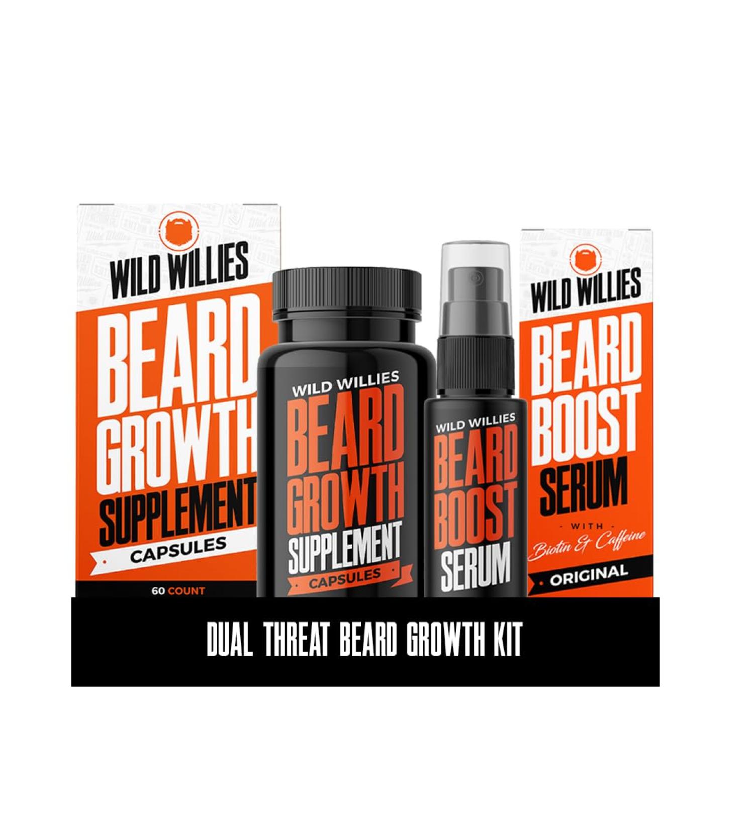 Wild Willies Beard Growth Kit - Capsules & Boost Serum - Natural Growth Oil With Biotin & Caffeine - Vitamins for Fuller Thicker Beard - 60 Capsules - For Men - Buy Online on GoSupps.com
