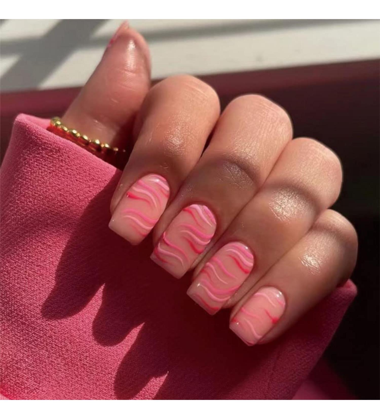 Sethexy Short Squoval False Nails - Swirl French Press-On Acrylic Fingernails | 24 Sticks for Women & Girls | Pink Nail Art - Buy Online on GoSupps.com