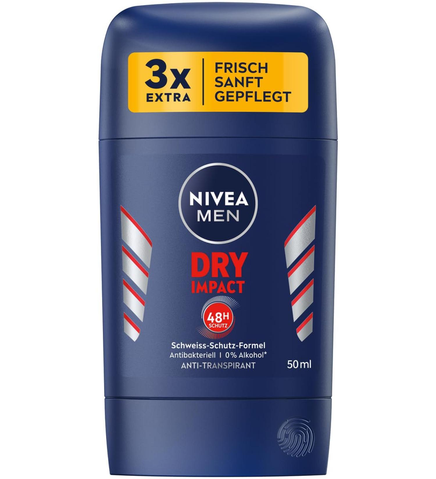 NIVEA MEN Dry Impact Deodorant Stick 50 ml antiperspirant for a dry feeling on the skin with 48h sweat protection formula and 2 antibacterial agents