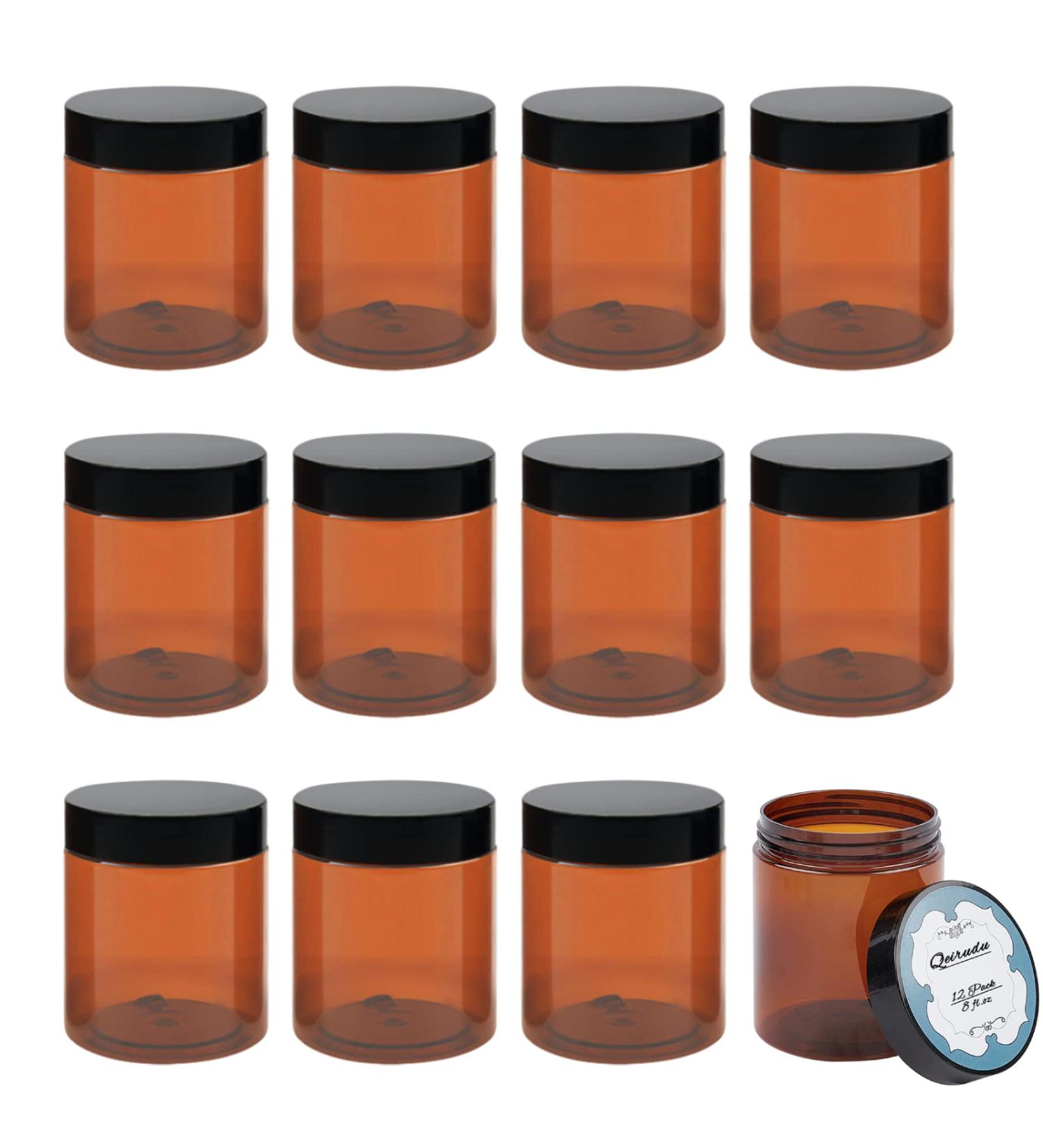 Qeirudu 8 oz Amber Plastic Jars 12 Pack - Refillable Cosmetic Containers with Lids and Labels for Body Butter, Creams, Ointments - Essential Oil & Powder Storage - Buy Online on GoSupps.com