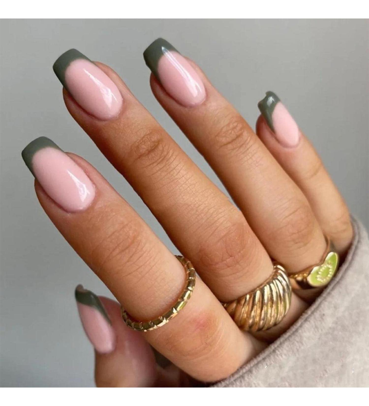 Buy Bufenia Dark Green Oval Fake Nail Tips - Shiny French Press Acrylic Nails for Women & Girls - Complete Cover - Buy Online on GoSupps.com