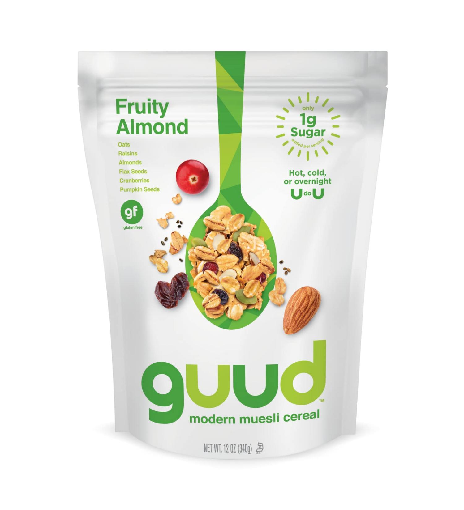 GUUD Fruity Almond Muesli Cereal 12oz - Gluten-Free Oats, Raisins, Almonds, Cranberries, Flax & Pumpkin Seeds - Vegan, Non-GMO & Kosher Certified - Buy Online on GoSupps.com