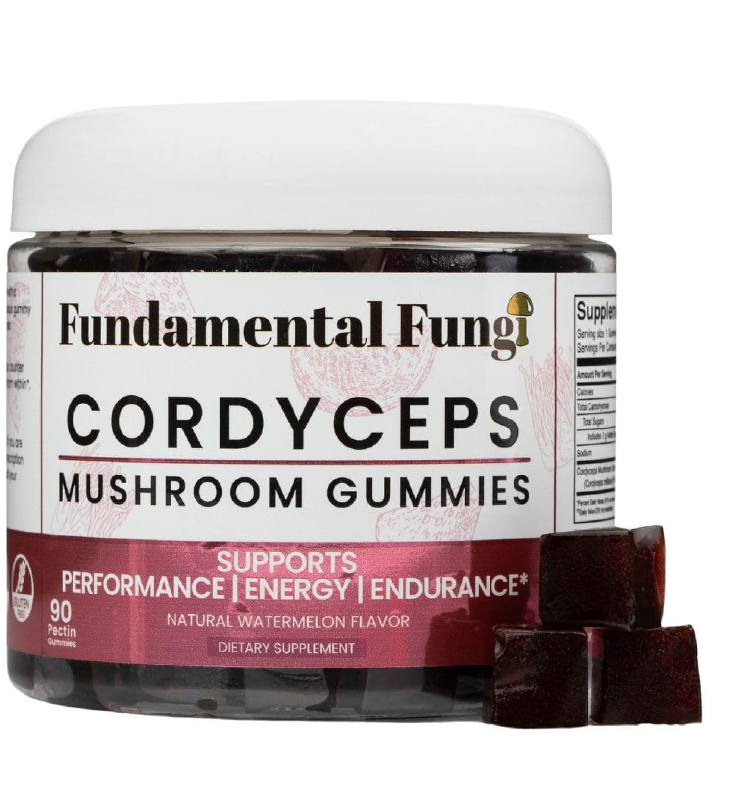 Fundamental Fungi Cordyceps Mushroom Gummies for Adults | 90 Servings | Watermelon | Energizing Performance Mushroom Gummies to Support Stamina Energy & Endurance | 90 Organic Cordyceps Gummys - Buy Online on GoSupps.com