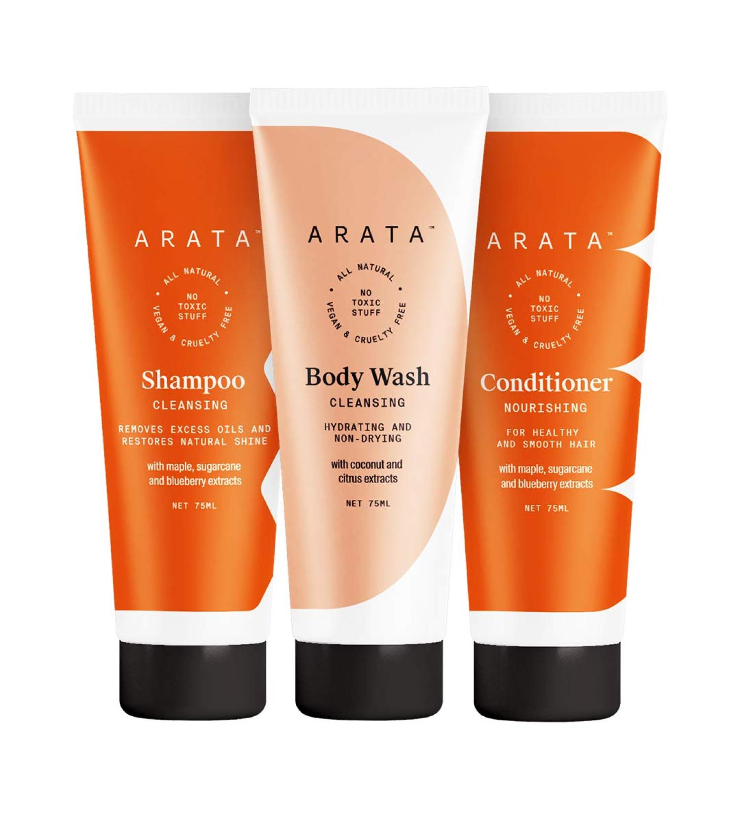 Shop Arata Natural Shower Power Set - All-Natural Cruelty-Free Shampoo Body Wash & Conditioner for Men & Women | Plant-Based Non-Toxic Bath Care - Buy Online on GoSupps.com