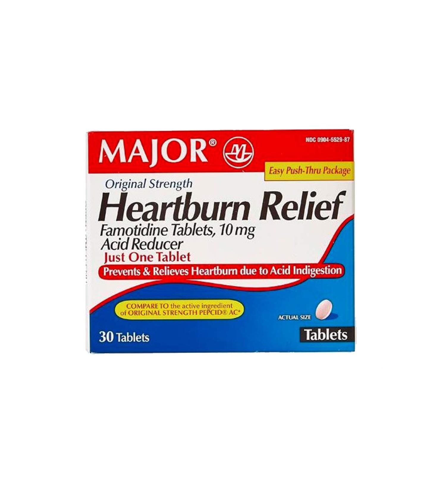 Major Famotidine Heartburn Relief (Acid Reducer) 10mg Original Strength Unisex Adult Pink Round Tablets Flavorless 30 Count 1 Pack