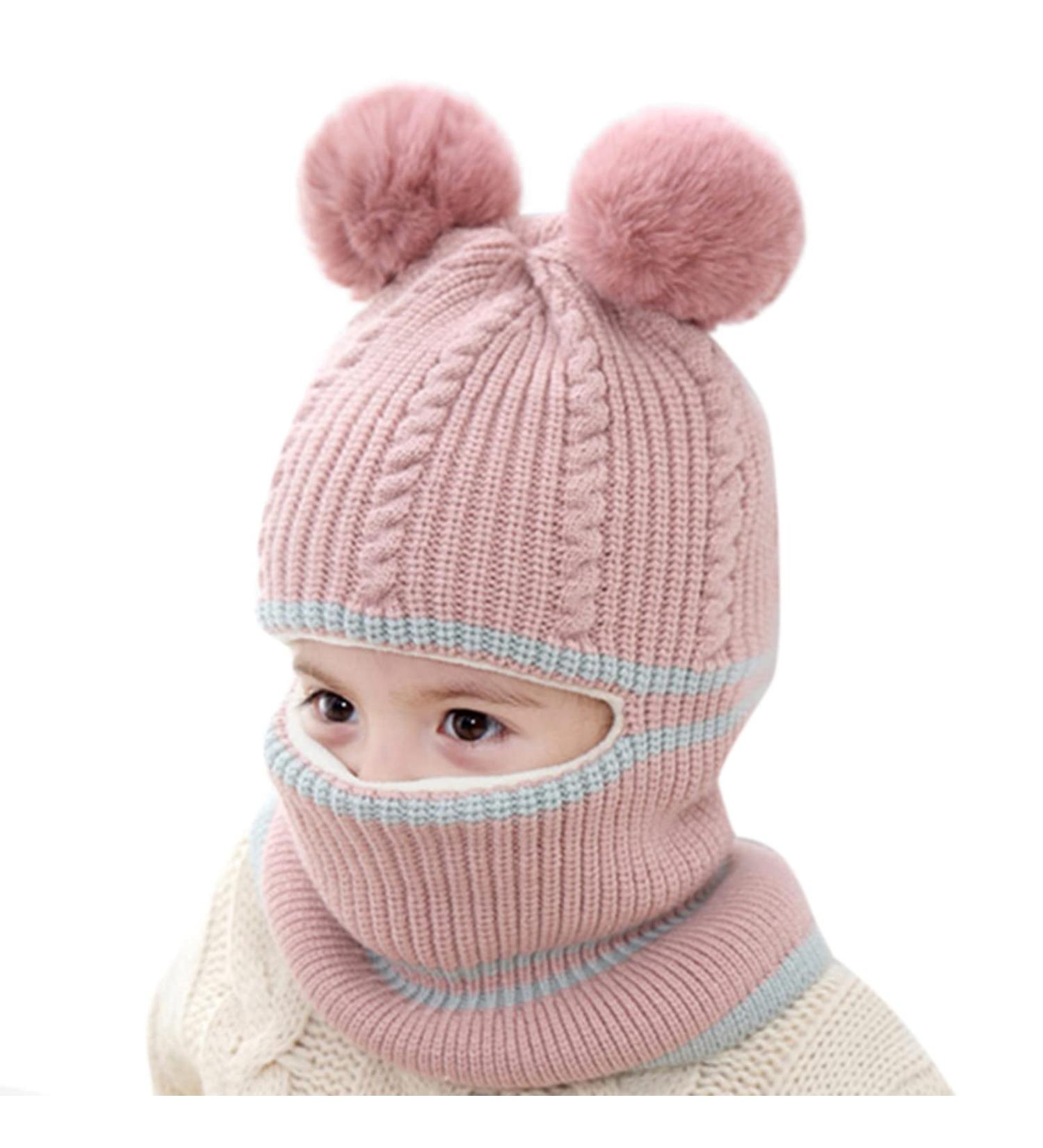 Baby Balaclava Kids Winter Hat with Double Pom Pom Design - Small Bear Beanie for Girls Boys - Warm Knitted Hood and Scarf Combo, B-A One Size - Buy Online on GoSupps.com