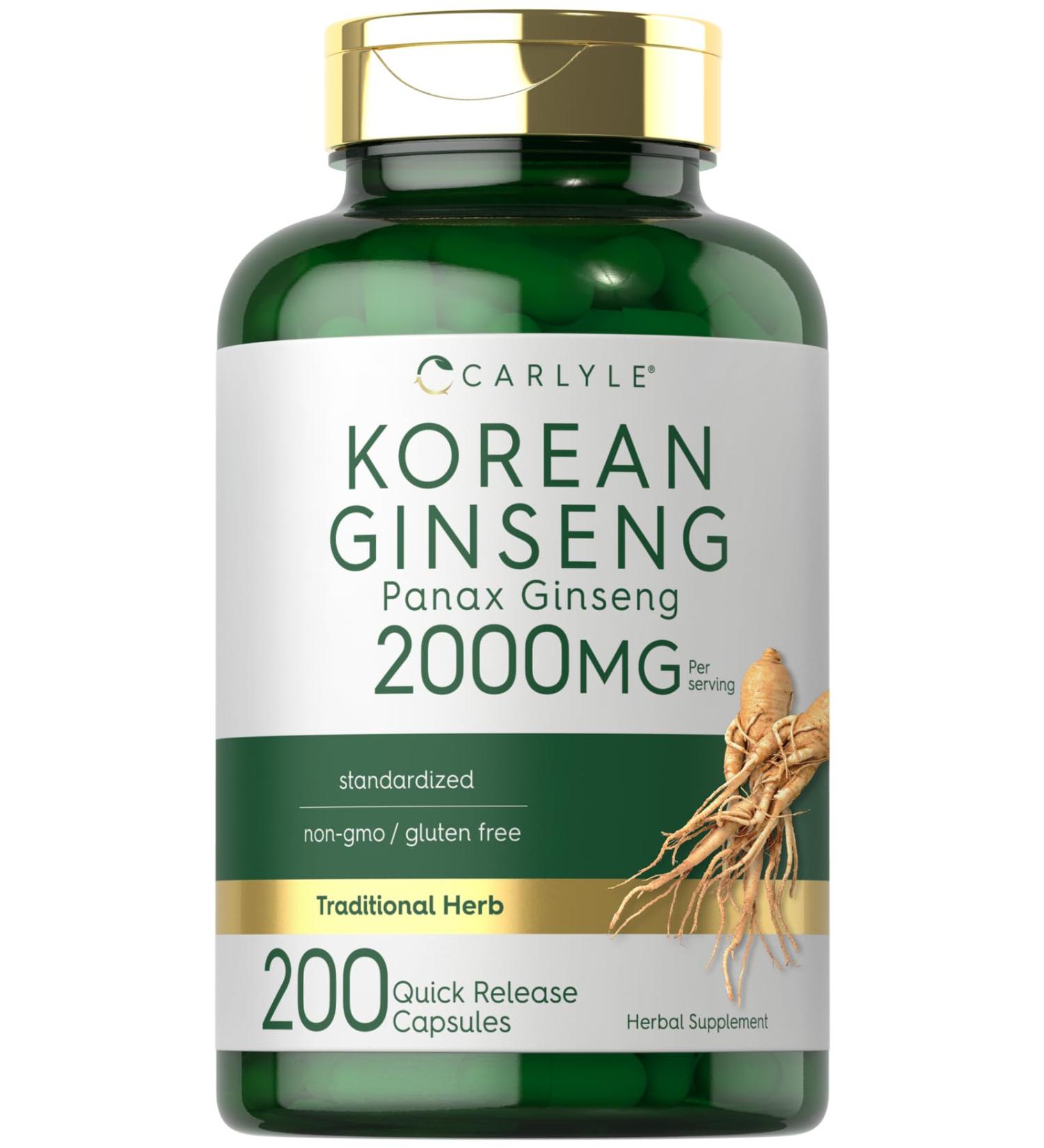 Carlyle Korean Ginseng Capsules | 2000mg Extract | 200 Count | Non-GMO and Gluten Free Formula | Standardized Panax Ginseng Supplement 200 Count (Pack of 1) - Buy Online on GoSupps.com