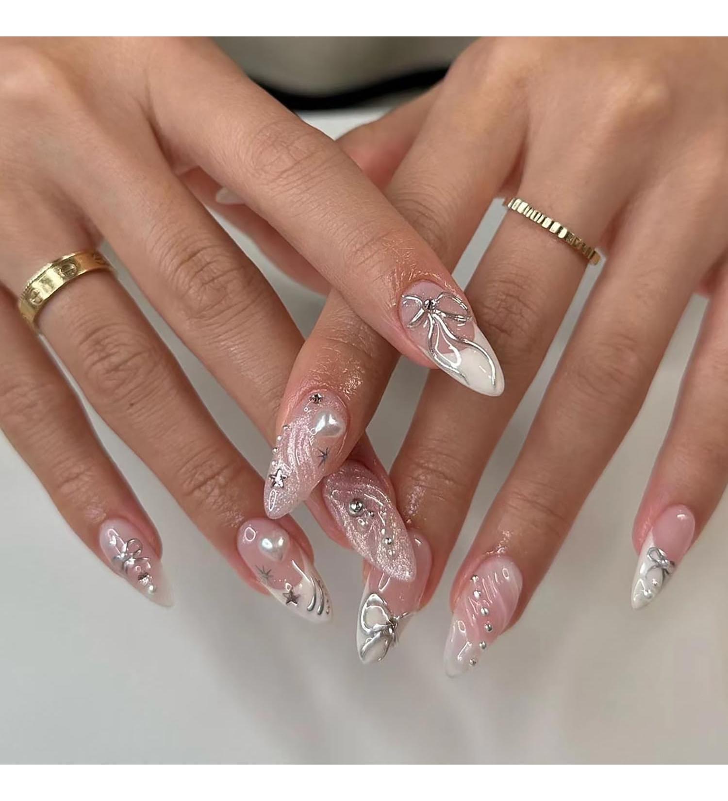 24 Pcs French Tip Press on Nails - Acrylic Medium Fake Nails with 3D Bow & Heart Charms | Stiletto & Almond Shape - Full Cover & Reusable for Women & Girls - Buy Online on GoSupps.com