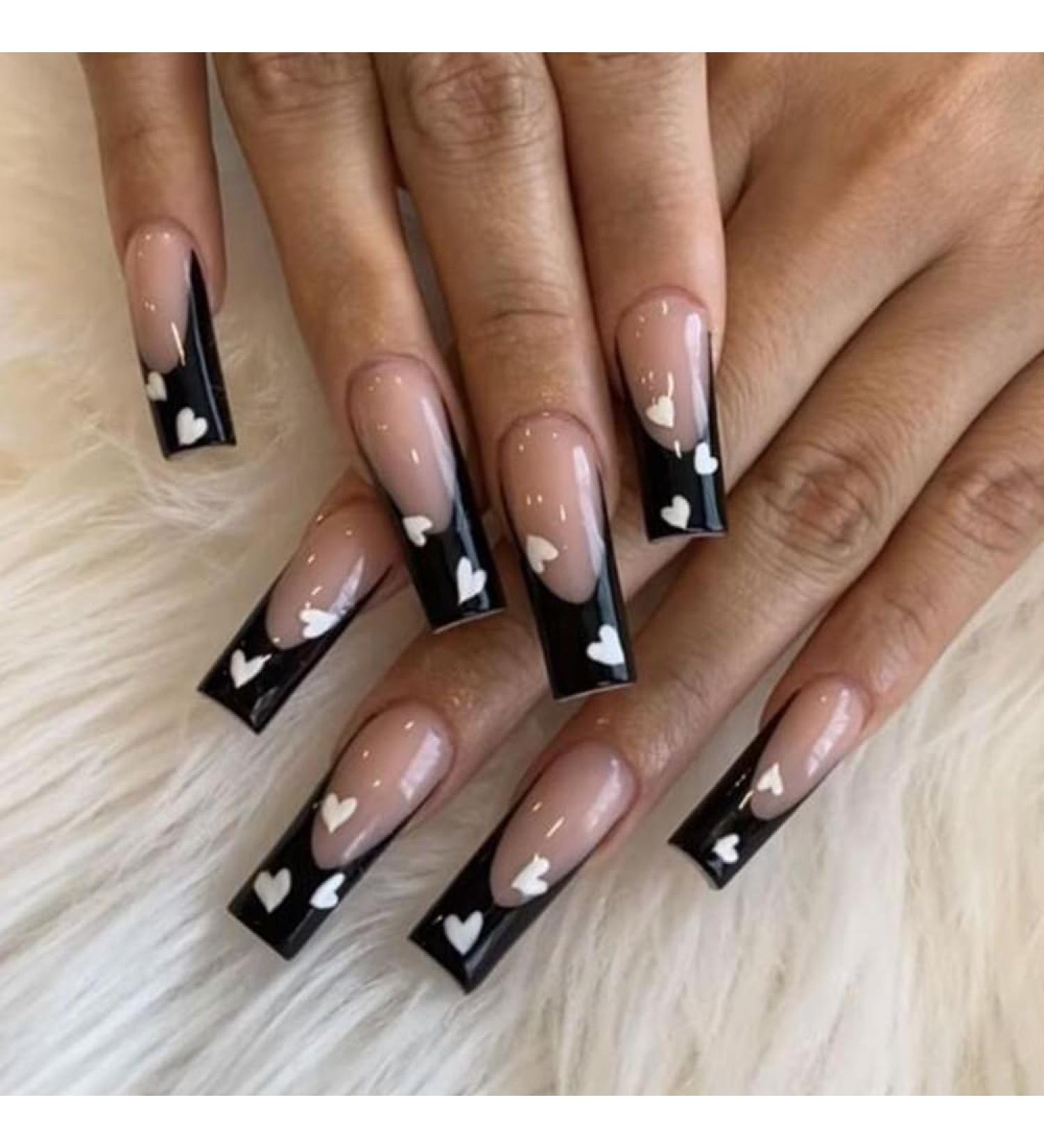 French Tip Press on Nails - Long Square Press On Nails with Nail Tips Black edge with white heart design press on nails Acrylic False Nails Cute Artificial Nails - Buy Online on GoSupps.com