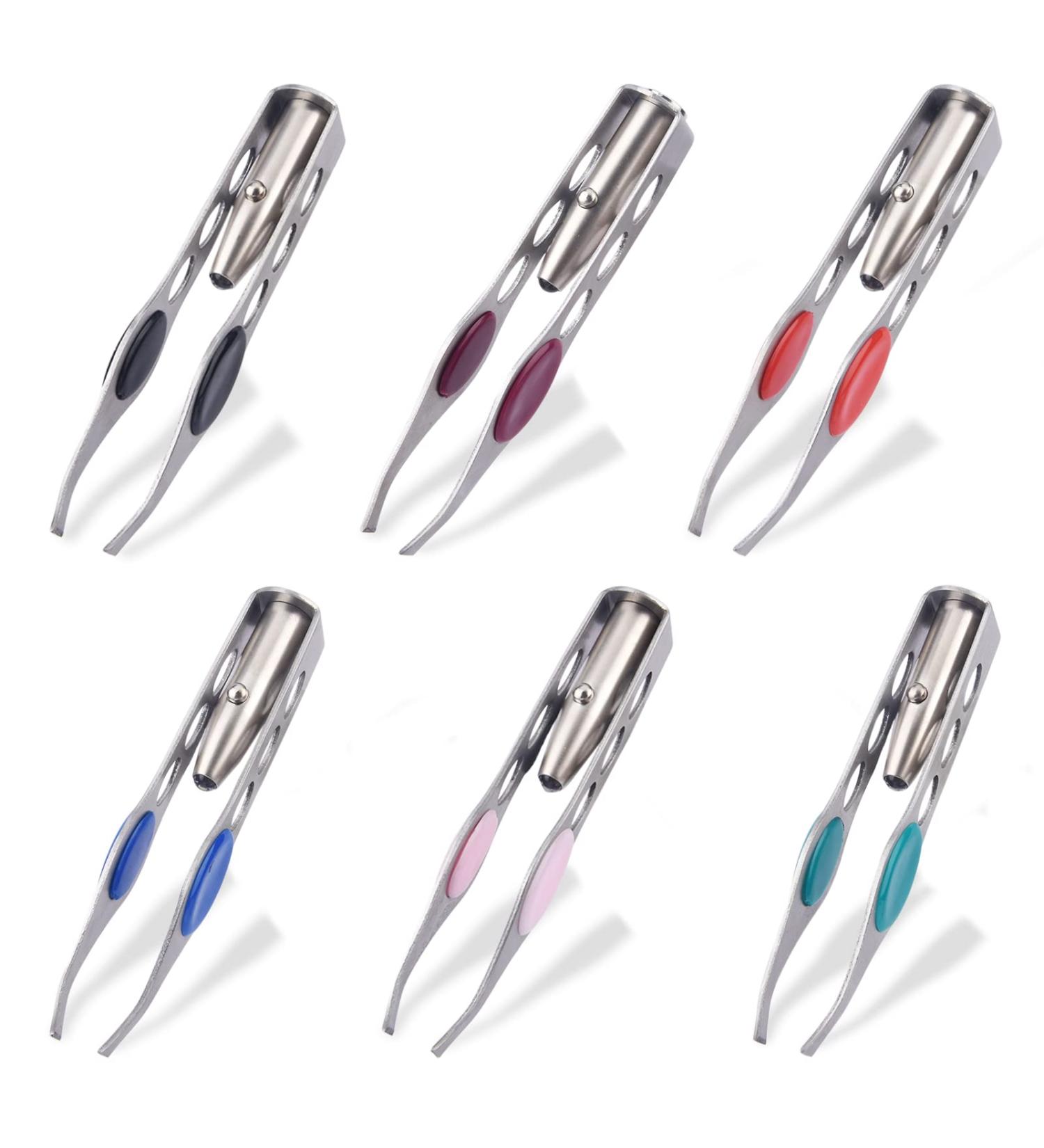 6 Pieces Tweezers with LED Light Stainless Steel Tweezers Makeup Eyelash Eyebrow Hair Removal Precision Tweezers with Light for Women and Men(Red Blue Brown Pink Black Green) Blue green - Buy Online on GoSupps.com