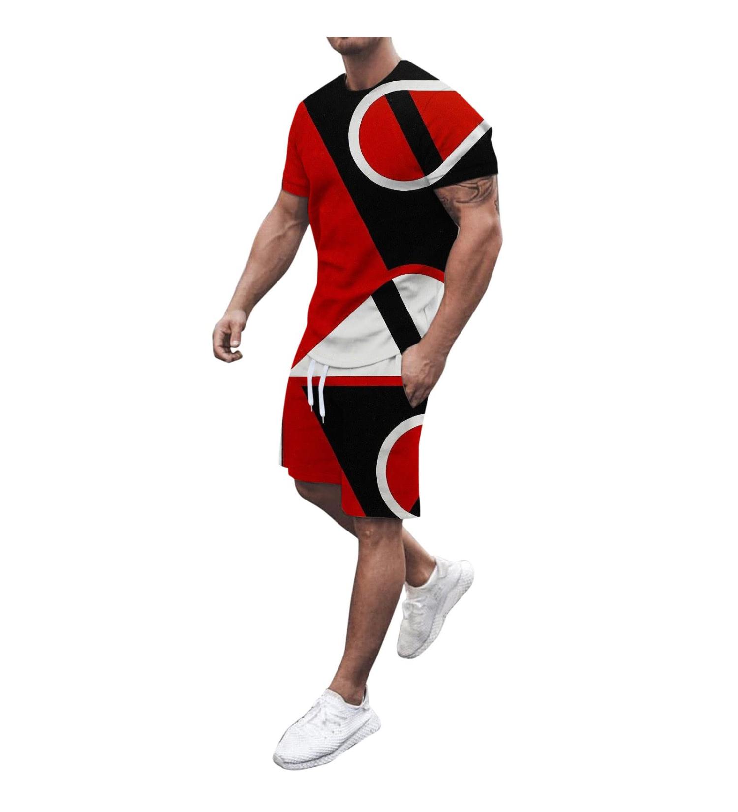 BEUU Men's 2PCS Sports Sets - Summer Outfits with 3D Stripe Lines Print - Red 4X-Large - Buy Online on GoSupps.com