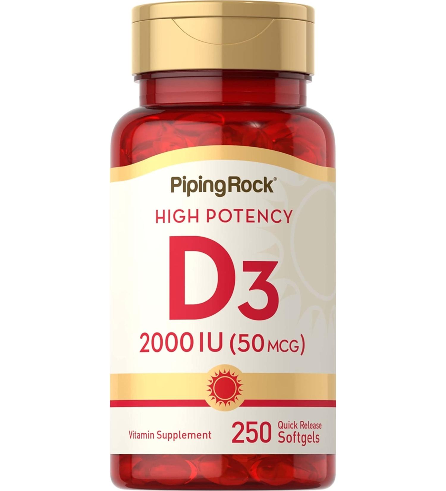 Piping Rock Vitamin D3 2000 IU Softgels - High Potency Non-GMO Supplement (250 Count) - Buy Online on GoSupps.com
