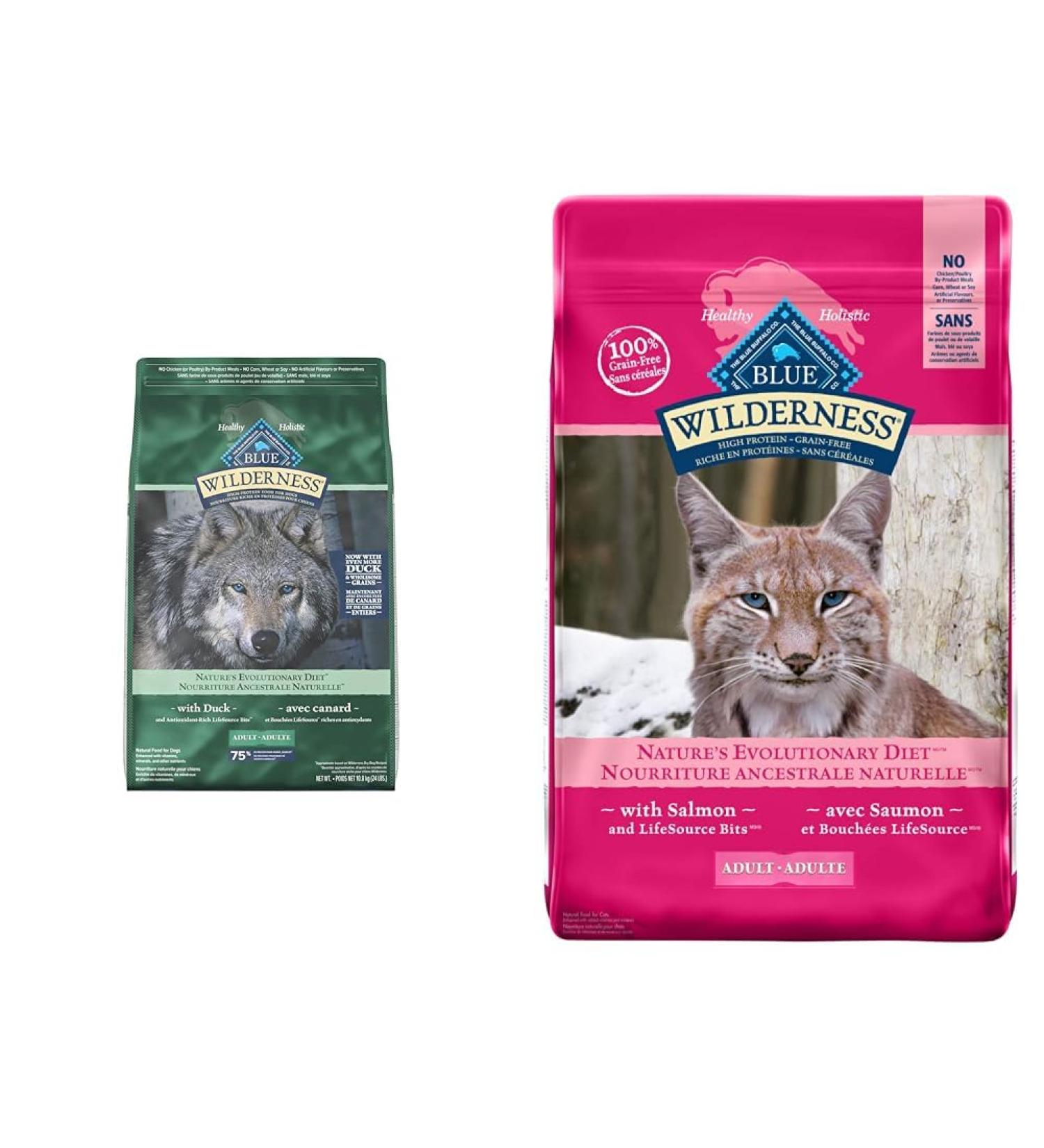 Blue Buffalo Wilderness More Meat & Wholesome Grains Natural Dry Dog Food Duck 24lb & Wilderness High Protein Grain Free Natural Adult Dry Cat Food Salmon 4.9 Kg Bag - Large Bag Kibble FOOD + PET_FOOD 840243127399 More Meat Wholesome Grains - Buy Online on GoSupps.com