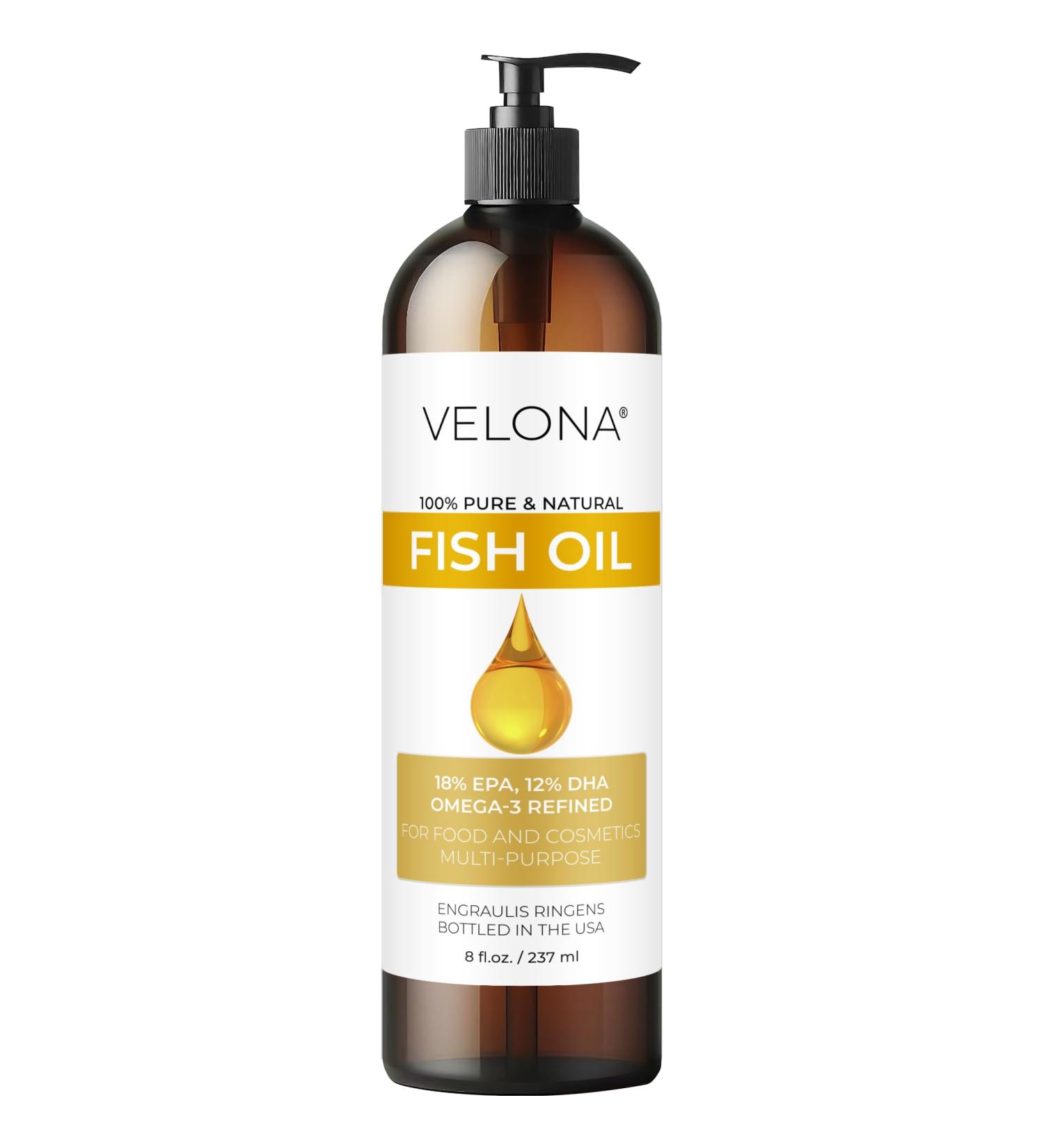 Fish Omega-3 Oil by Velona - 8 Fl Oz | 100% Pure and Natural Carrier Oil | Refined | Vitamin E D Omega-3 | Cooking Skin Face Body Hair Care | Use Today - Enjoy Results - Buy Online on GoSupps.com