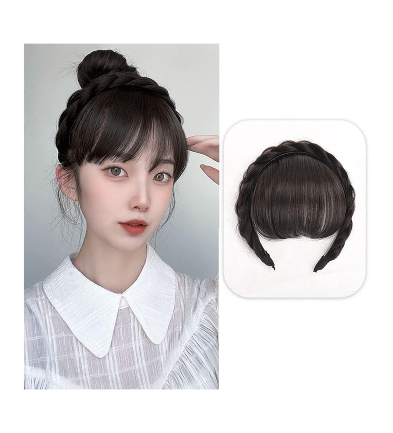 Bangs Hair Clip Front Hair Bangs Wig Fringe Hair Extensions Synthetic Fake Neat Bangs Wigs with Double Row Braids Headband Hair Accessories for Women Girls Bangs Clip in Hair (Color : Natural black) - Buy Online on GoSupps.com