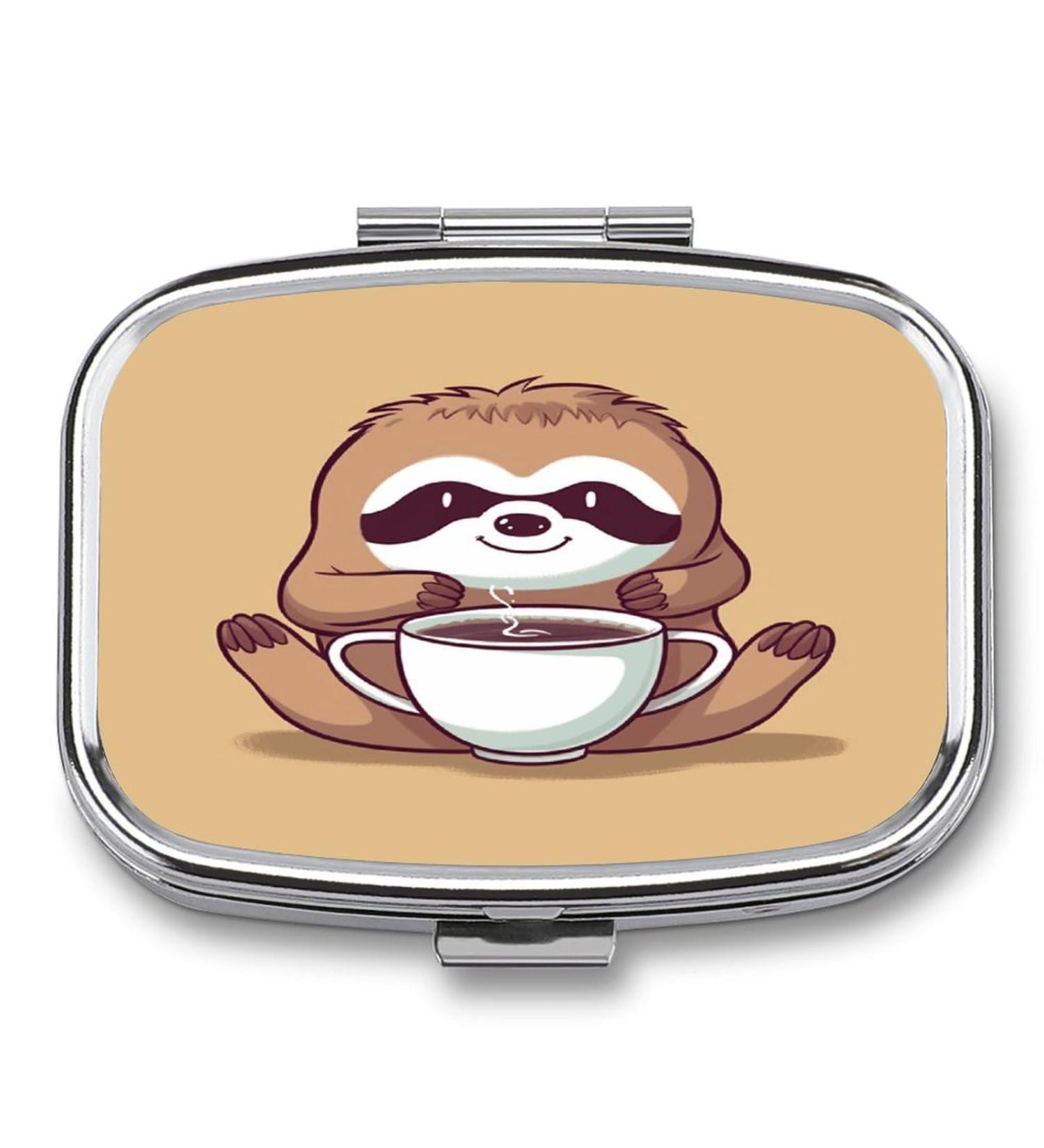 Yoga Sloth Coffee Print Pill Box | 2 Compartment Decorative Medicine Organizer - Portable & Stylish for Pocket or Purse - Buy Online on GoSupps.com