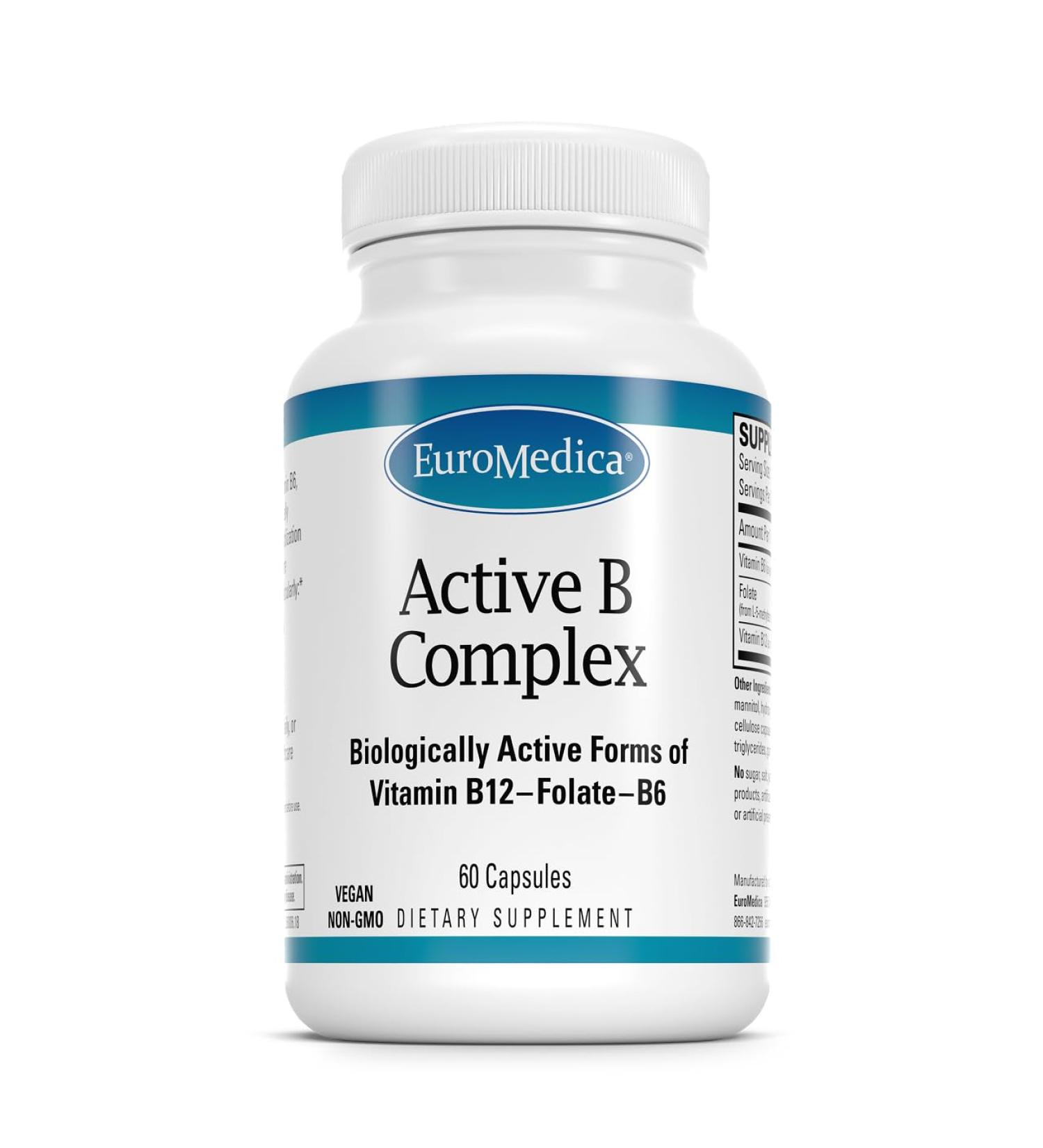 EuroMedica Active B Complex - Supplement to Aid Heart Health with Bioactive B Vitamins - Supplement with Folate & Calcium - B Complex Capsules to Aid Nervous System Health & Function - 60 Capsules - Buy Online on GoSupps.com