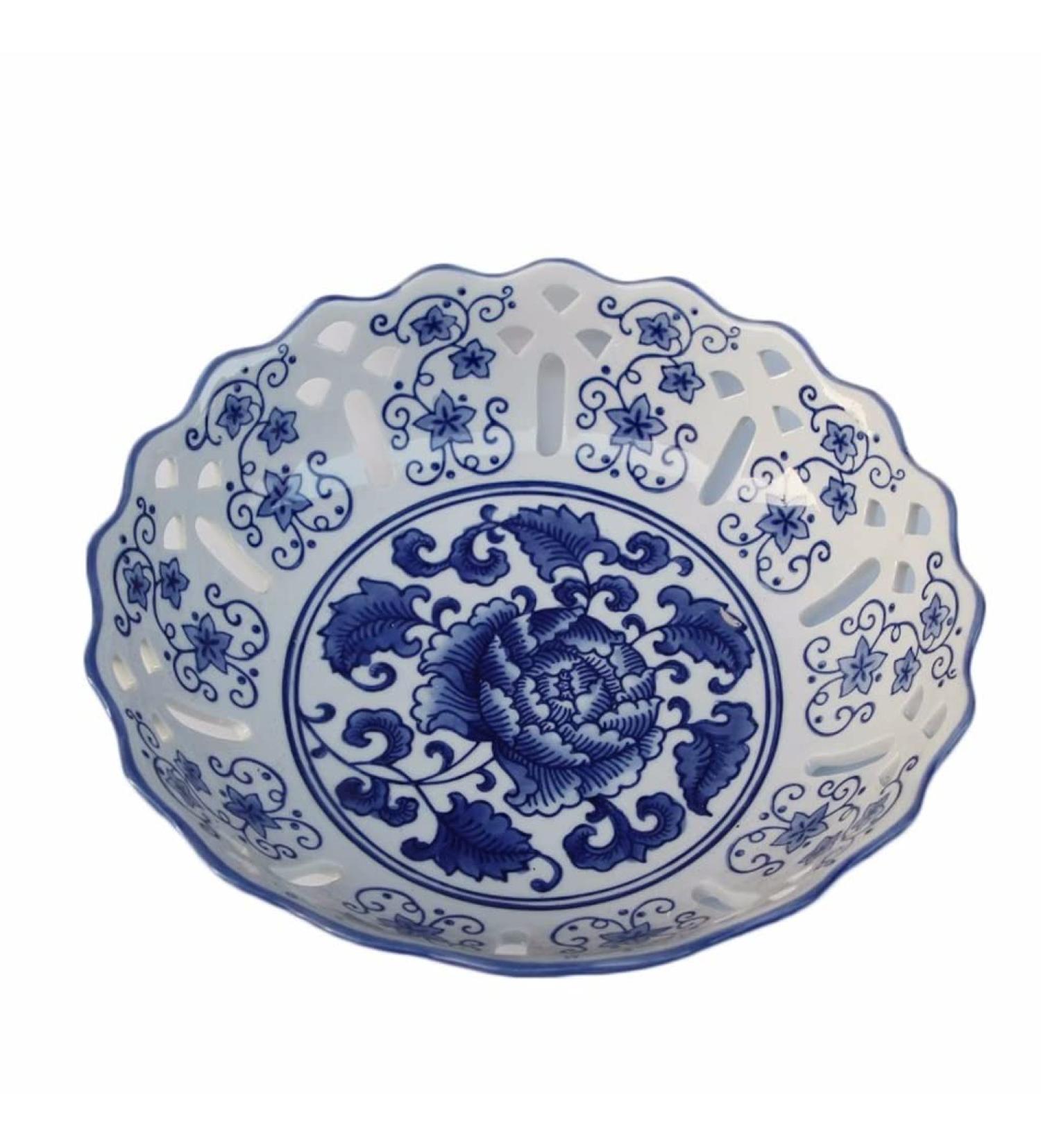 Fruit Bowl Salad Bowl Ceramic Creative Blue and White Porcelain Fruit Plate Snack Basket Food Basin Chinese Classical Hollow Crafts Fruit Bowl for Kitchen Counter (Color : A Size : Large) (A Small) - Buy Online on GoSupps.com