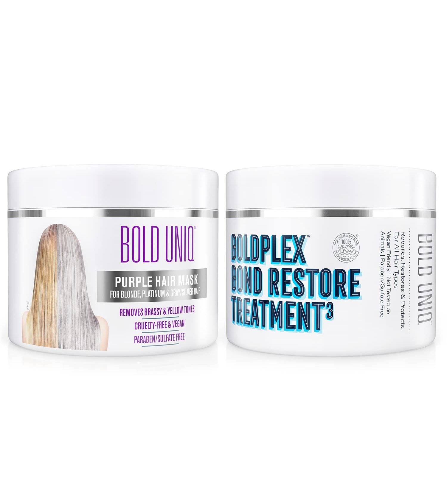 Purple Hair Mask for Blonde, Platinum, Bleached, Silver, Gray Hair - BoldPlex 3 Bond Restore Treatment - Remove Yellow Tones & Condition Dry, Damaged Hair - Cruelty Free & Vegan - Buy Online on GoSupps.com