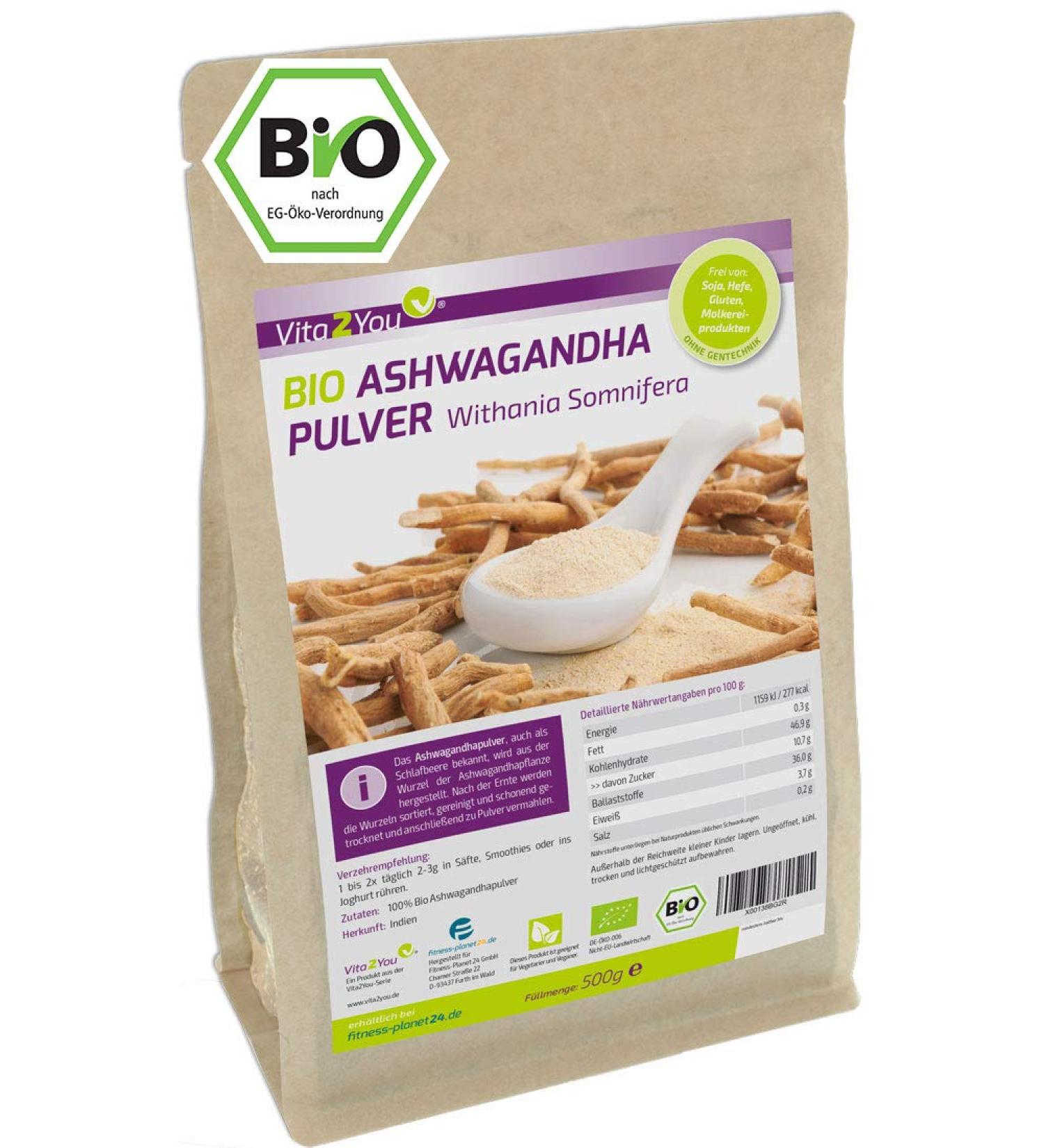Vita2You Organic Ashwagandha Powder 500g - 100% Organic Quality - Indian Ginseng - Premium Quality - Bottled in Germany