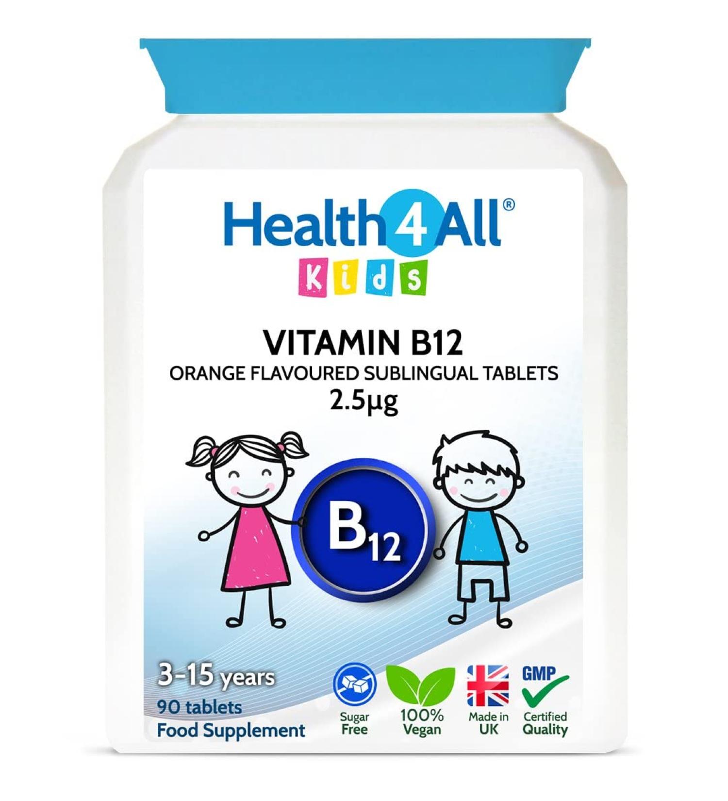 Health4All Kids Vitamin B12 2.5mcg Sublingual Chewable Tablets - Vegan Methylcobalamin, Orange Flavoured, Made in UK - 90 Count - Buy Online on GoSupps.com