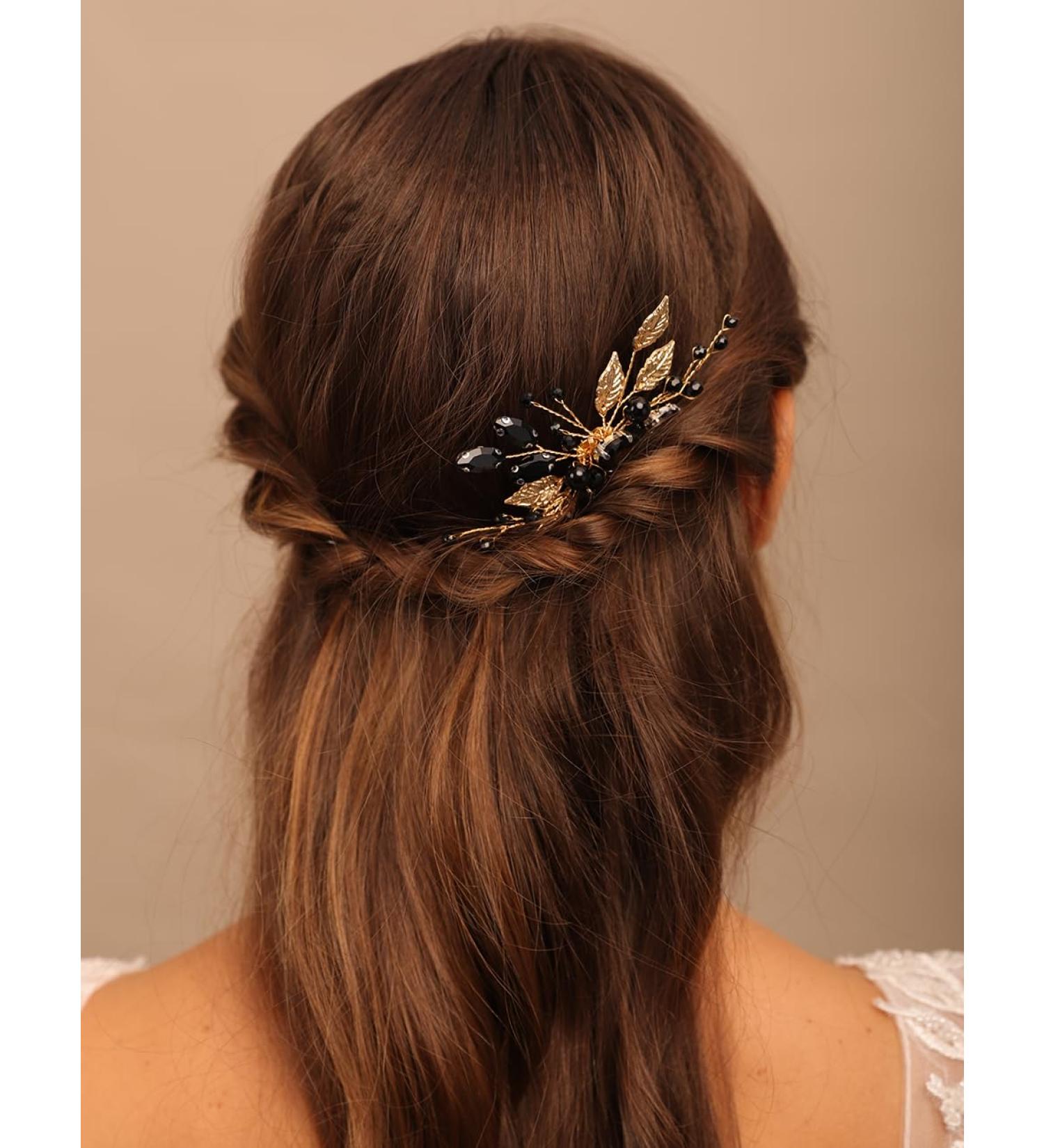 BERYUAN Gold Leaf Black Crystal Rhinestone Hair Comb Elegant Black Rhinestone Beads Headband Women Girls Wedding Headpiece Gold Bridal Headband for Wedding Women and Girls - Buy Online on GoSupps.com
