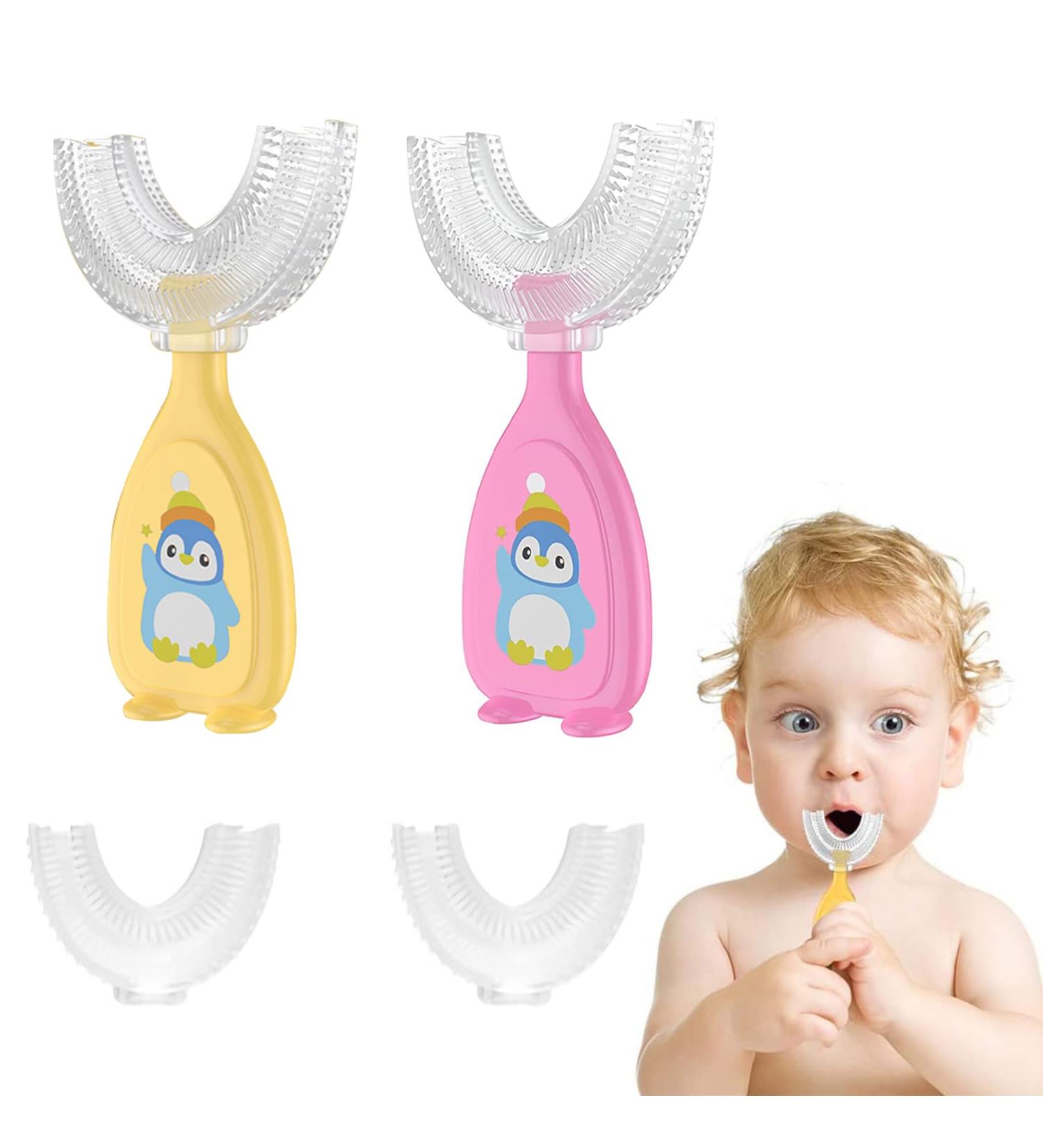Children's U-Shaped Toothbrush - All-Round Manual Silicone Brush in Pink & Yellow | Ideal for Whole Mouth Cleaning - Buy Online on GoSupps.com