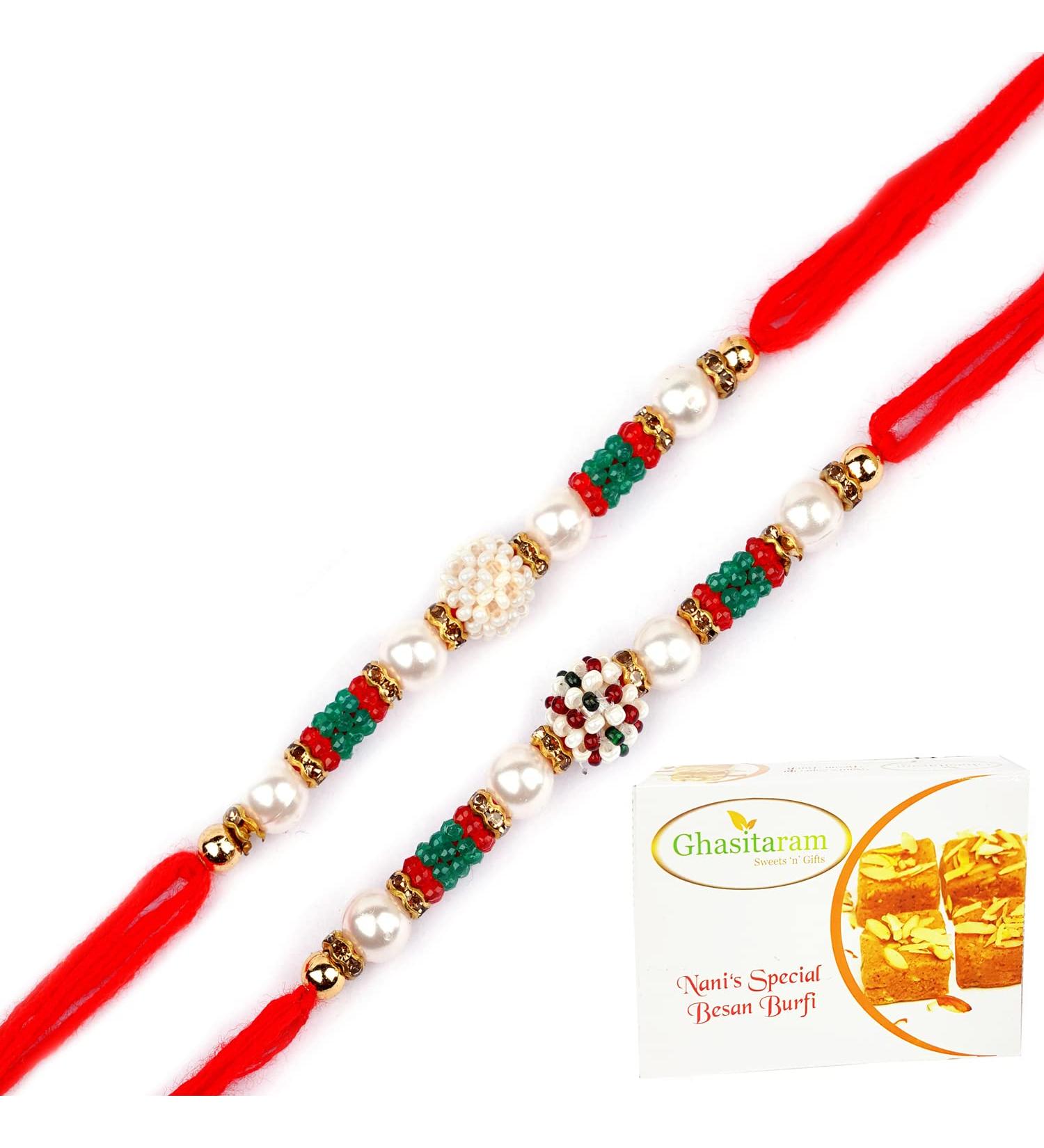 Ghasitaram Gifts Rakhi for Brother Rakhis Online - Set of 2-6423 Rakhis with 400 GMS of Besan Barfi Rakhi Set with 400 gms of Besan Barfi - Buy Online on GoSupps.com