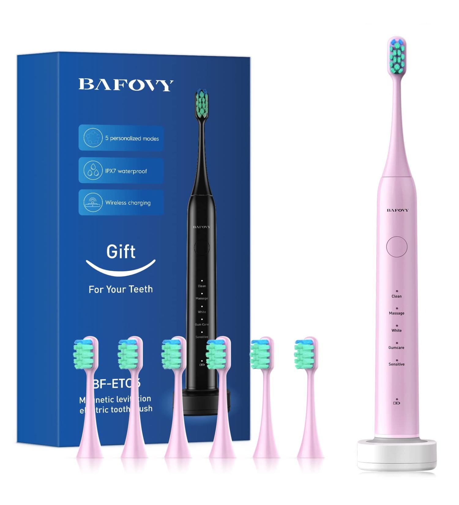 Sonic Electric Toothbrush for Adults and Kids - BAFOVY Rechargeable Power Toothbrush with 6 Brush Heads, 5 Modes, Smart Timer, Fast Charging (Pink) - Buy Online on GoSupps.com