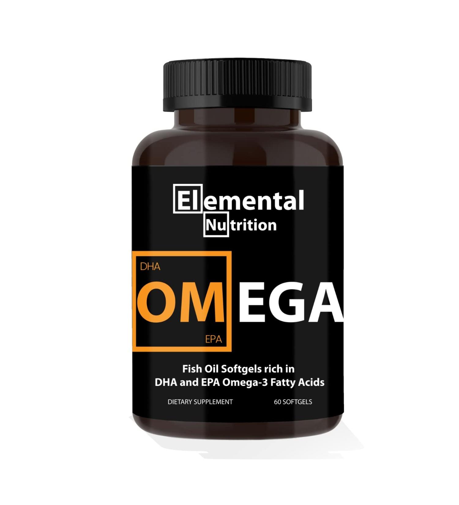 Elemental Nutrition Omega-3 from Fish Oils 60 Softgels Value Bottle of Eicosapentaenoic (EPA) & Docohexaenoic Acid (DHA) in a Black Grip Jar - Buy Online on GoSupps.com